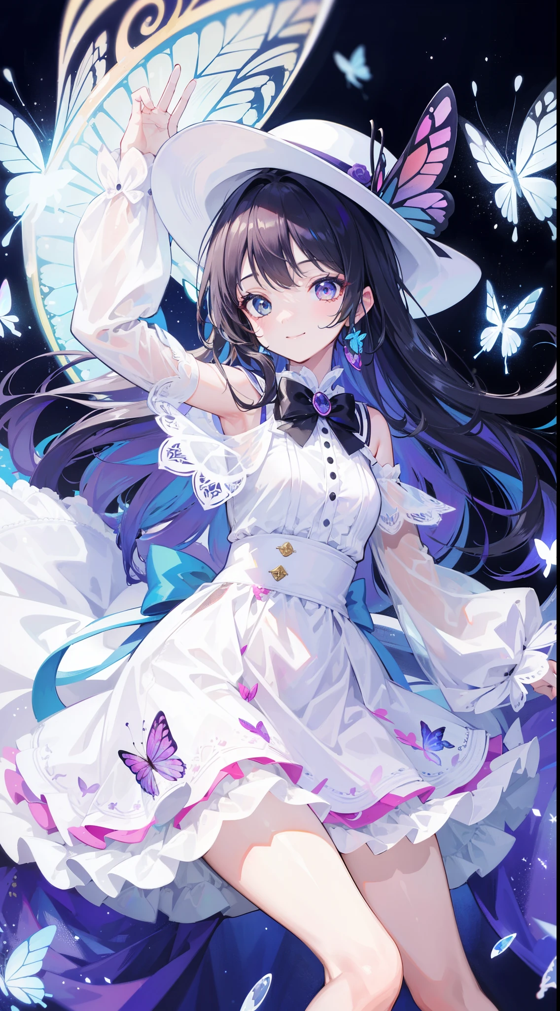 32k, best quality, ultra-detailed, high resolution, perfect anatomy, head on, cute girl, cute dress, cute hat, cute smile, colorful butterfly background,