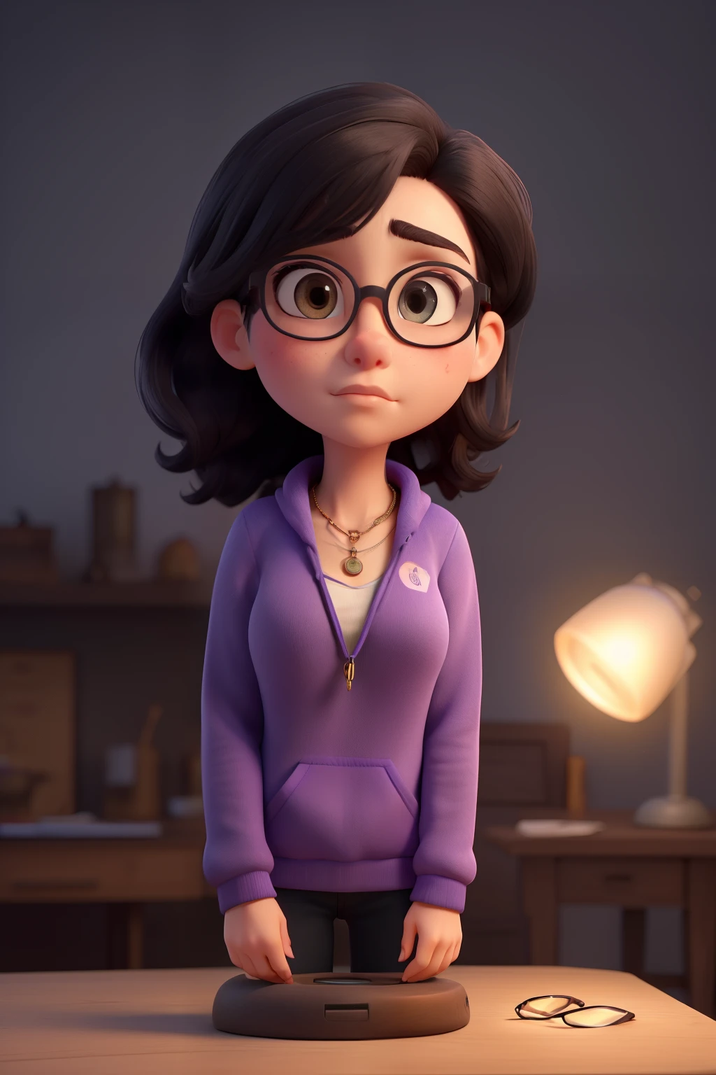 ((best quality)), ((masterpiece)), (detailed), perfect face, hot girl with glasses, black hair, purple high neck sweatshirt, and necklace, illuminated by the light of a lamp, beautiful, hot breast, looking sad, worried, full body, big , hot figure,