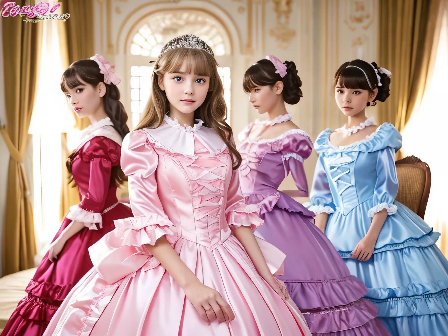 ,highest quality, masterpiece, highest resolution, artwork, super それにget used to it, many get used to it, get used to it, それにget used to it, 3K realistic photos,,(( girls)),Super detailed baby face,they arencesses,Full length ball gown dress with hoop skirt,ruffle yoke collar,puff sleeves,long sleeve,((Lolita style hot pink detailed princess satin dress、Comes with lots of frills and ribbons。)),Colorful fashion in rococo style,shiny satin dress,Soft and smooth fabric,luxury,long blonde hair,blue eyes,white skin european,pajamas,((inside the palace bedroom)),Canopy bed,