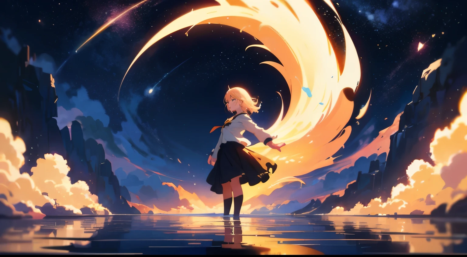 1 girl, eye, close, beautiful night sky, Meteors, beyond the clouds, surrounded water, reflection, wide angels, breathtaking clouds, wide angle, by makoto shinkai, thomas kinkade, james gilliard, by Holosomnia Landscape, HDR, volume lighting, ray tracing, Complex, advanced details, very detailed, deviant, 4K vertical wallpaper,, colorful, well-ventilated, anime illustration, anime nature wallpaper