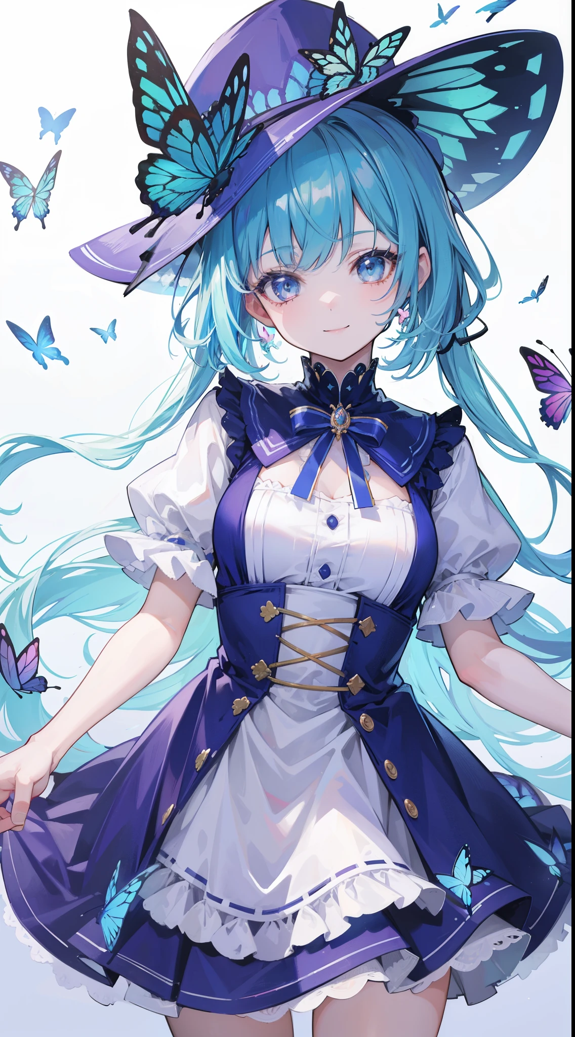 32k, best quality, ultra-detailed, high resolution, perfect anatomy, head on, cute girl, cute dress, cute hat, cute smile, colorful butterfly background,