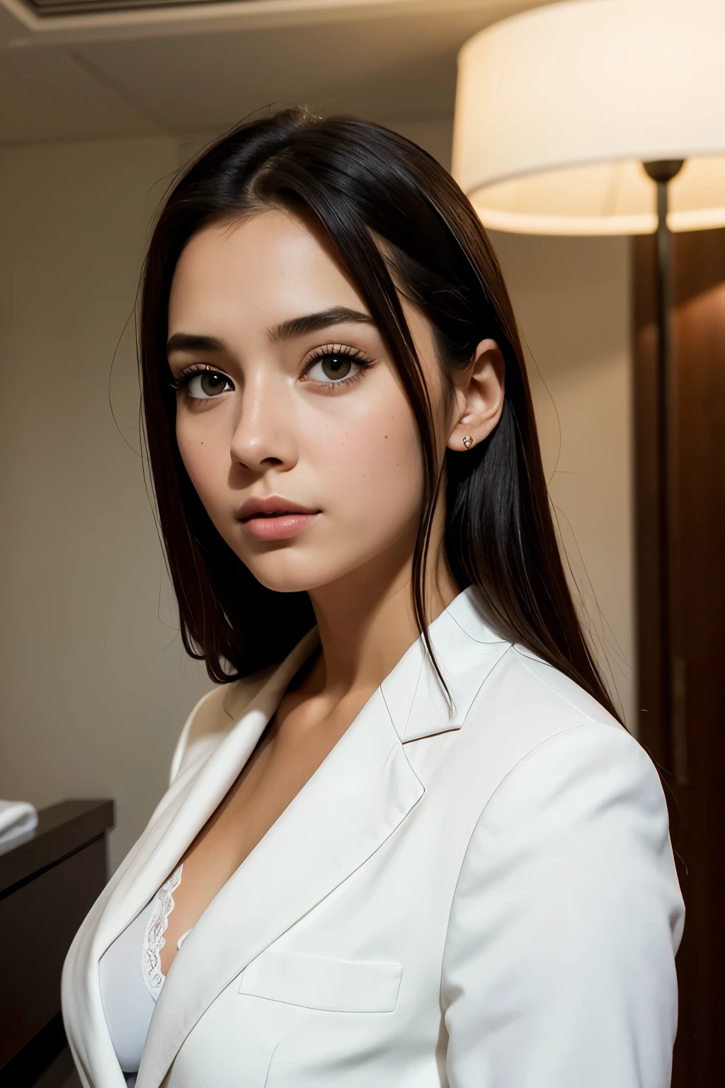a beautiful girl , realistic , 4k, beautiful face , portrait, wearing white suite , gary eyes , black hair , at hotel room
