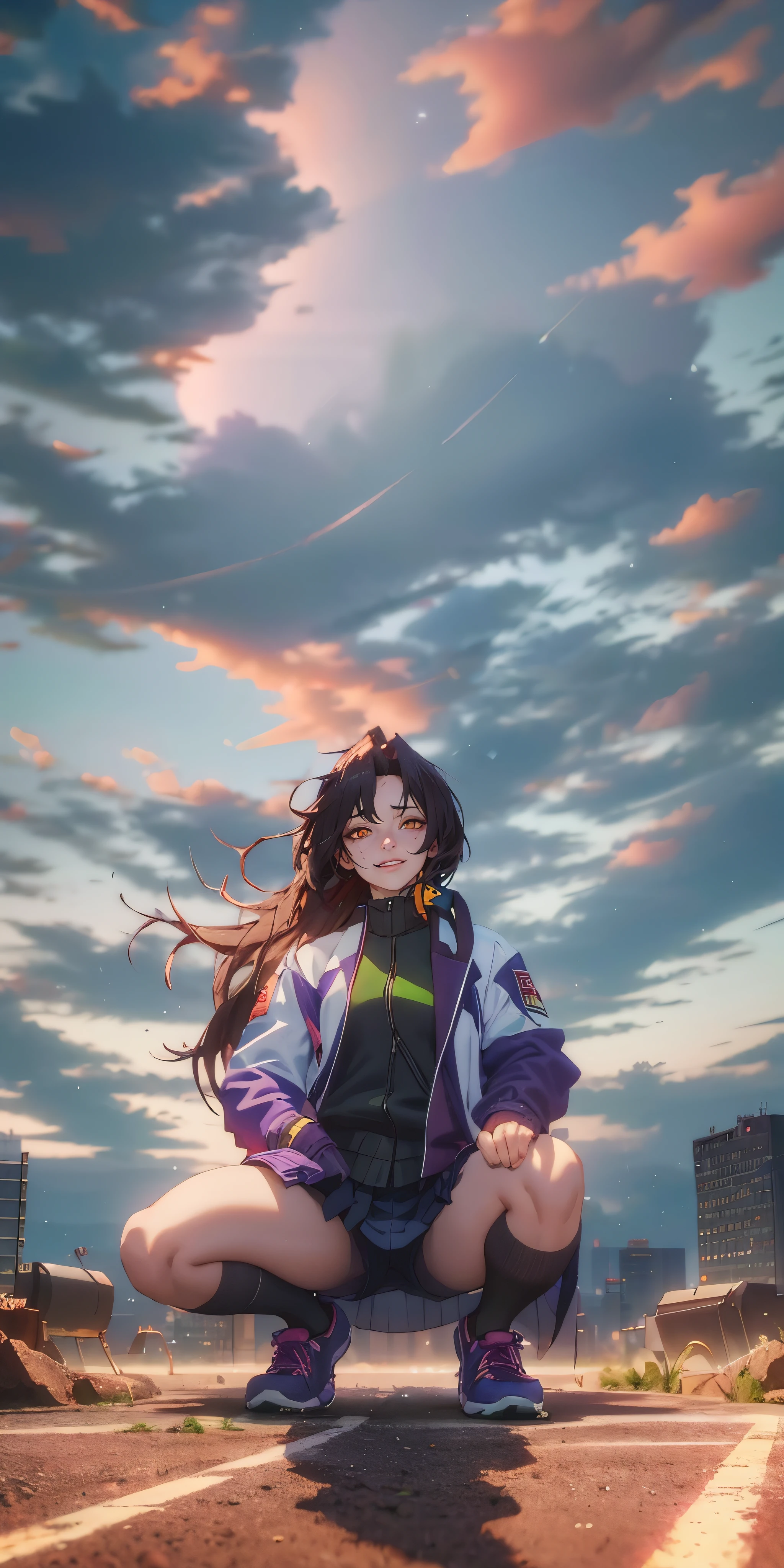 (dark-puprle hair, long hair:1.6), purple eyes, 1girl, cloud, sky, solo, shoes, jacket, gym_shirt, track_jacket, shirt, looking_at_viewer, shorts, outdoors, black_legwear, skirt, closed_mouth, star_(sky), socks, squatting, gym_uniform, starry_sky, open_jacket, cloudy_sky, night, ribbon, glow effects, godrays, Hand drawn, render, 8k, octane render, cinema 4d, blender, dark, atmospheric 4k ultra detailed, cinematic, Sharp focus, big depth of field, Masterpiece, colors, 3d octane render, 4k, concept art, trending on artstation, hyperrealistic, Vivid colors, extremely detailed CG unity 8k wallpaper, trending on CGSociety, Intricate, High Detail, dramatic, cyberpunk art
