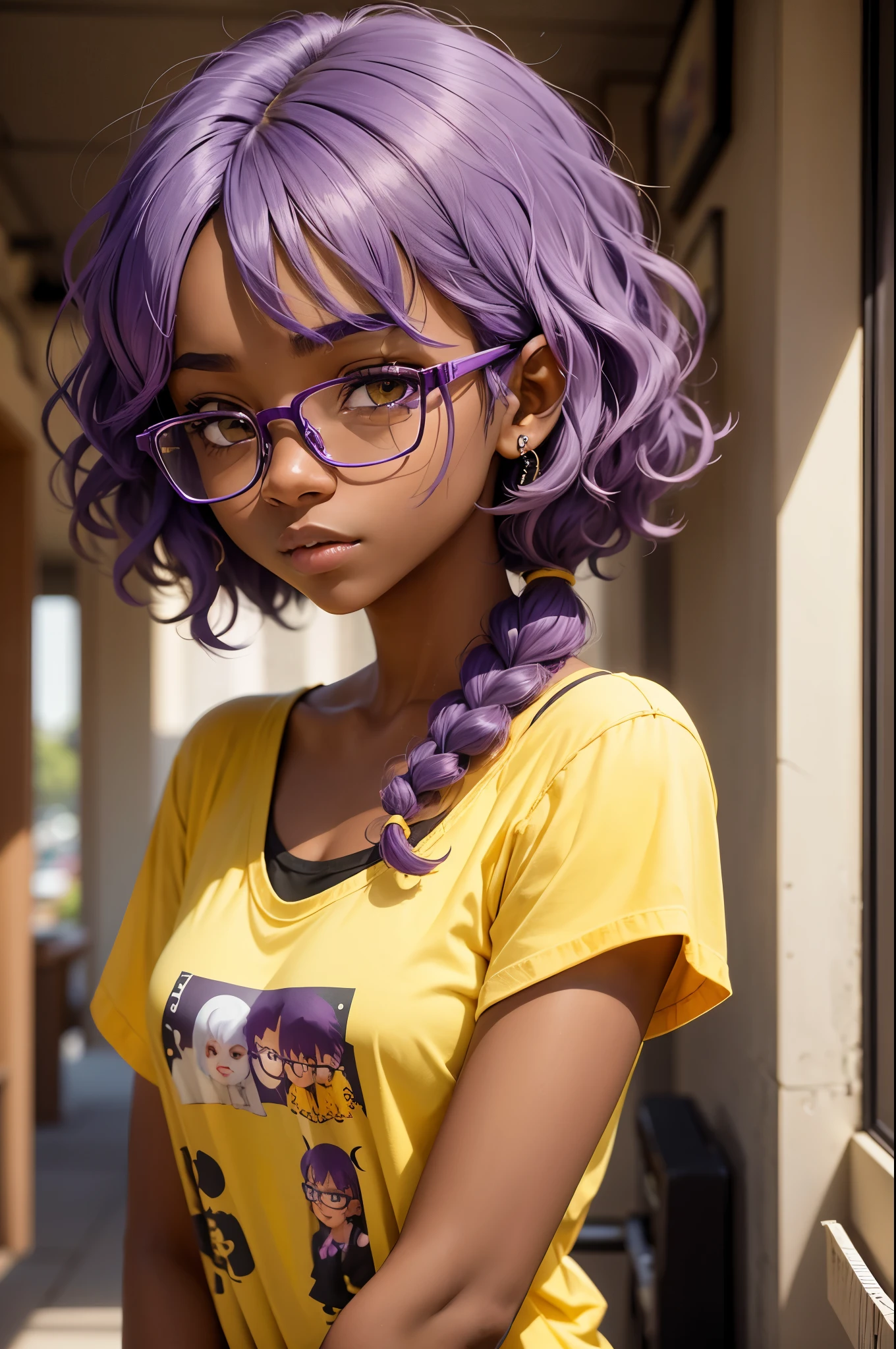 teenage girl, dark skin, light purple hair, short hair,  glasses, yellow shirt, wavy hair, 2D, cartoon style, portrait, masterpiece, detailed hair, 