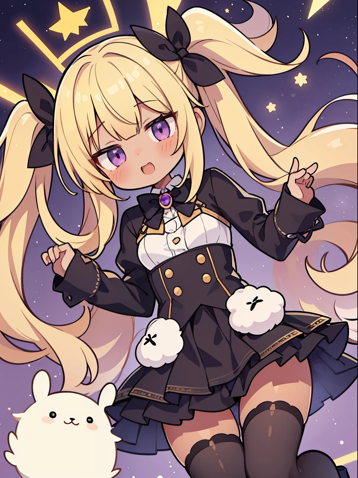 cute fallen angel, tights, blonde, Rabbit, twin tails, fantasy wonderland, 1 girl, brown skin, Purple eye, looking at the viewer, Tsundere, whole body, dynamic angle, game CG