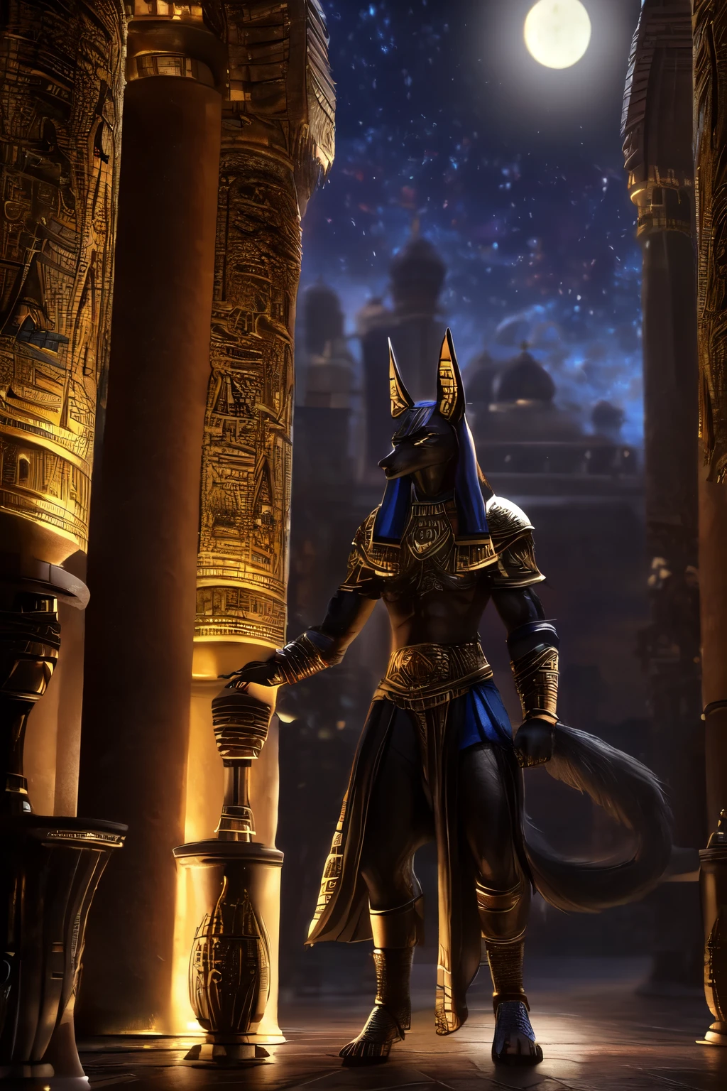 An anthropomorphic anubian jackal,black fur,gold highlights,leather armor,standing,building,arabian city,night,(best quality,4k,8k,highres,masterpiece:1.2),ultra-detailed,(realistic,photorealistic,photo-realistic:1.37),HDR,UHD,studio lighting,vivid colors,portraits