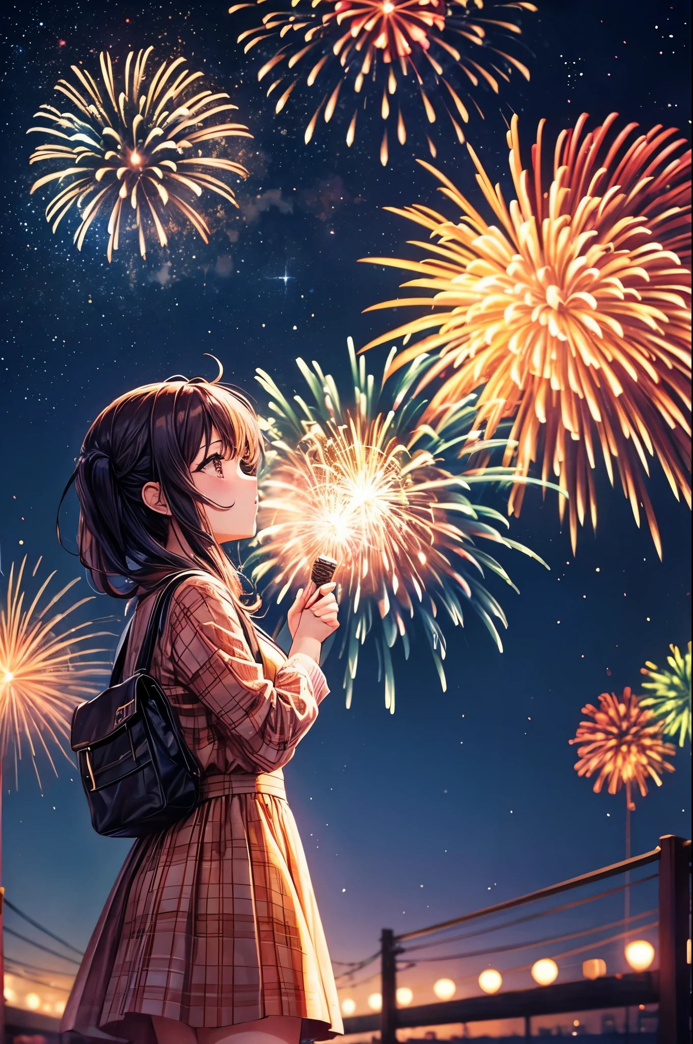 An anime girl at a fireworks festival, marveling at the colorful explosions in the night sky