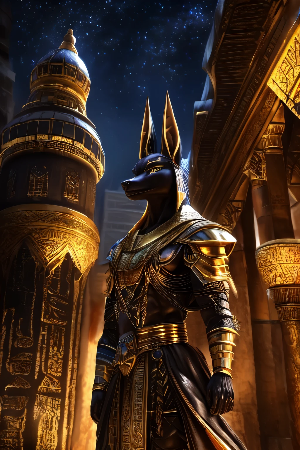 An anthropomorphic anubian jackal,black fur,gold highlights,leather armor,standing,building,arabian city,night,(best quality,4k,8k,highres,masterpiece:1.2),ultra-detailed,(realistic,photorealistic,photo-realistic:1.37),HDR,UHD,studio lighting,vivid colors,portraits