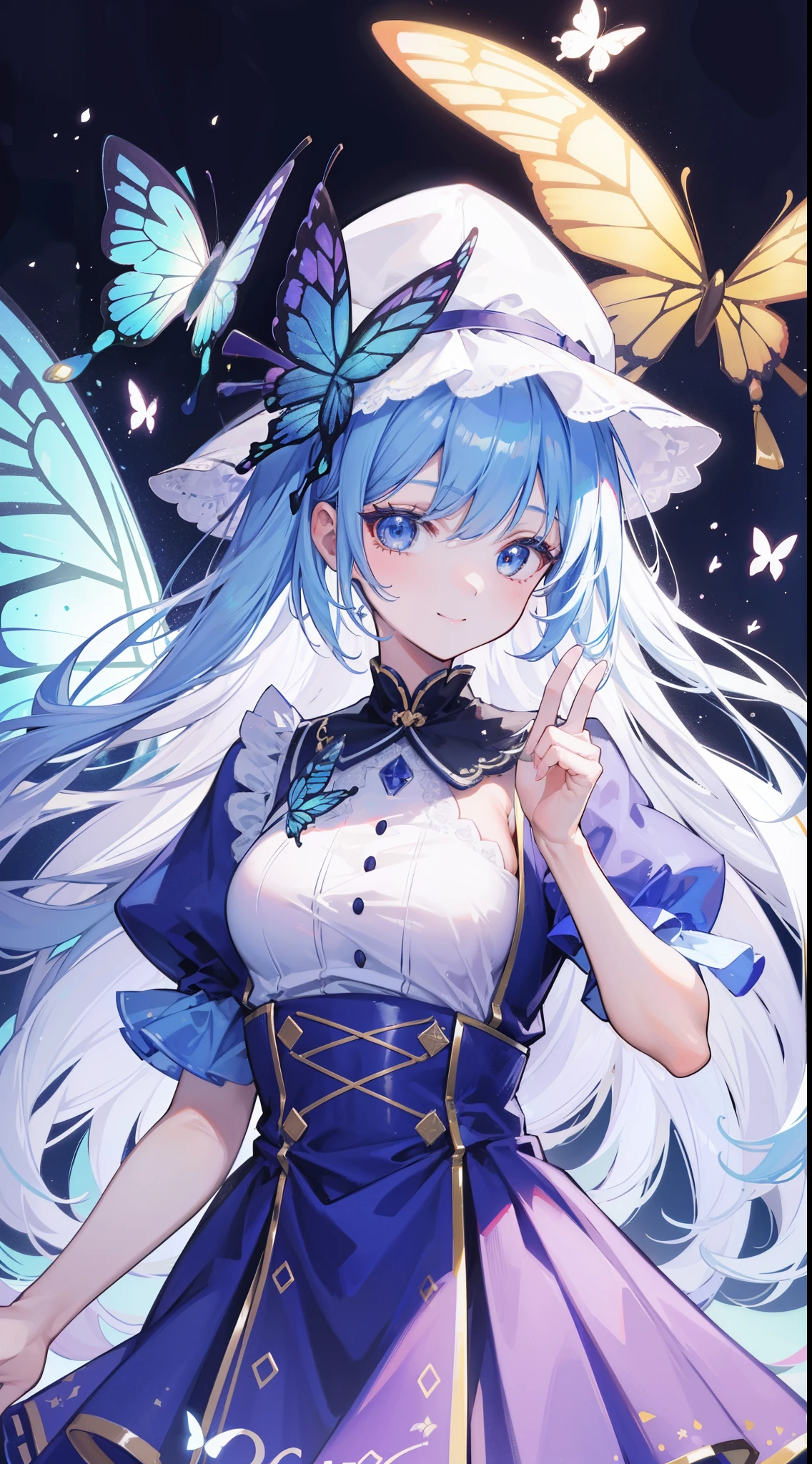 32k, best quality, ultra-detailed, high resolution, perfect anatomy, head on, cute girl, cute dress, cute hat, cute smile, colorful butterfly background,