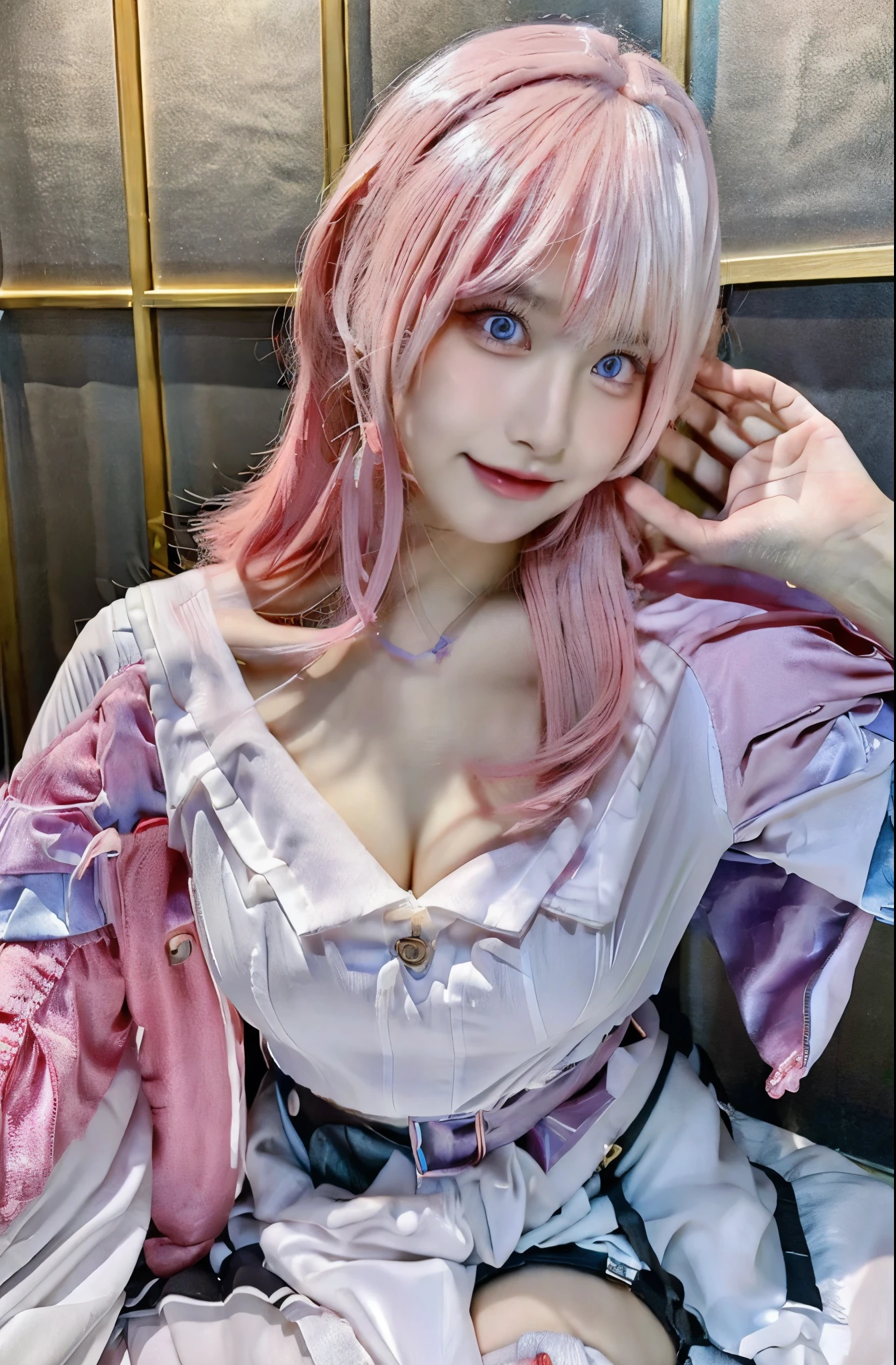8K, Best Quality,Super High Quality, Realistic, Blue Eyes, Masterpiece, Ultra High Resolution, Original Photo, (Realistic Skin Texture: 1.3), 1 Girl, Beautiful Eyes and Face Details, Masterpiece, Best Quality, Looking at the Viewer, Full Body, Hotel Bedroom, Pink Hair, Cute Face, Japanese Babe, Cleavage, Cosplay, Studio Lightning, Spotlight. A cute japanese cosplaying March 7th in her bedroom.