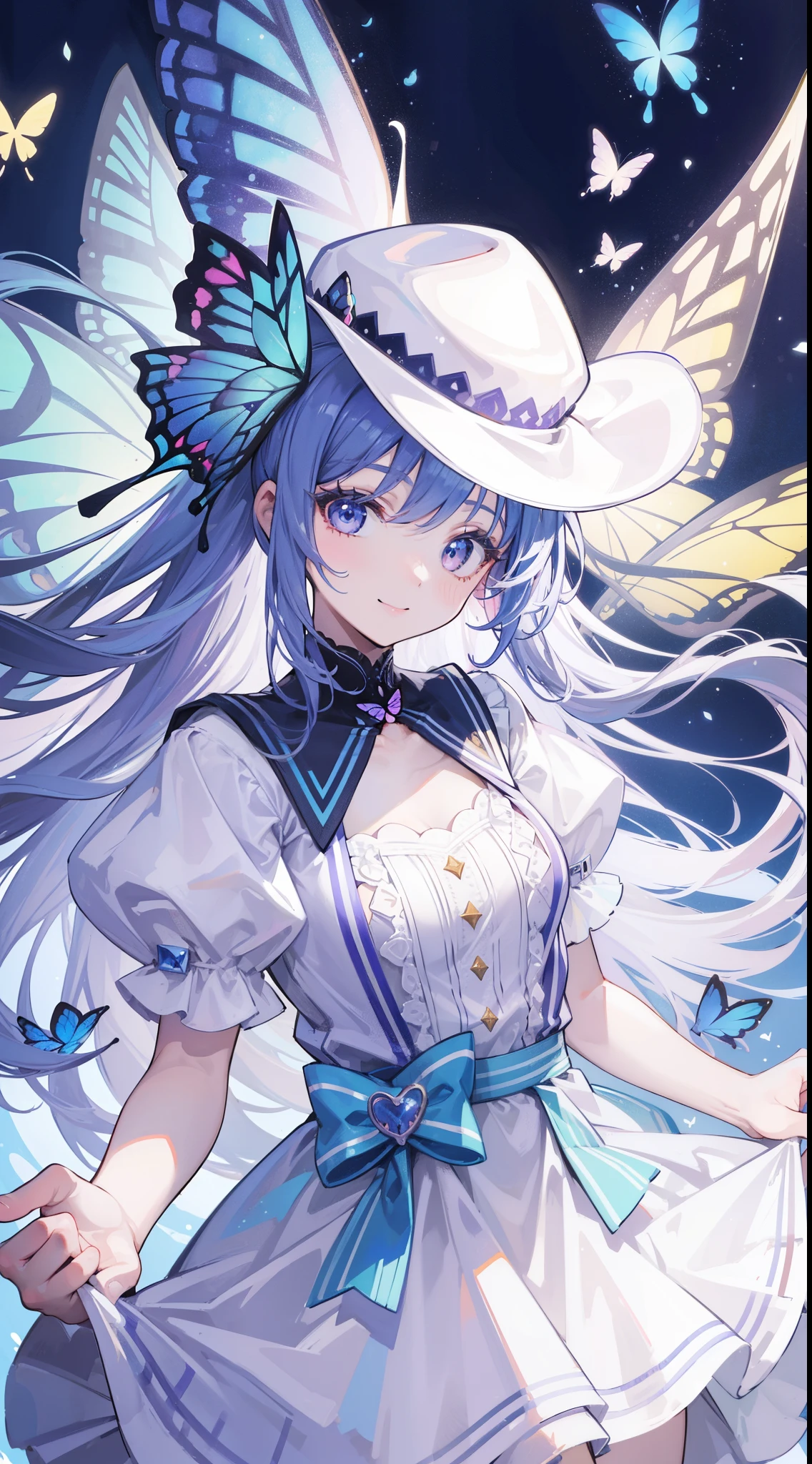 32k, best quality, ultra-detailed, high resolution, perfect anatomy, head on, cute girl, cute dress, cute hat, cute smile, colorful butterfly background,