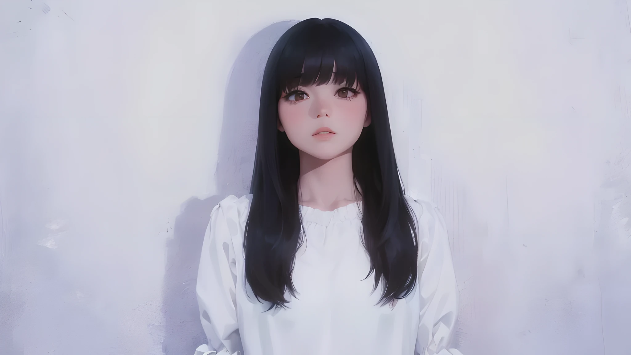 there is a woman with long black hair standing in front of a white wall, 奈良美智, the hime cut, chiho, sui ishida with black hair, neat hair with bangs, black hime cut hair, long hair with full bangs, only a few bangs of hair, white hime cut hairstyle