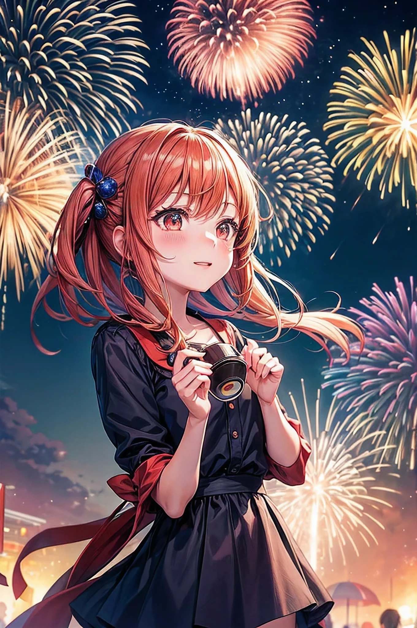 An anime girl at a fireworks festival, marveling at the colorful explosions in the night sky