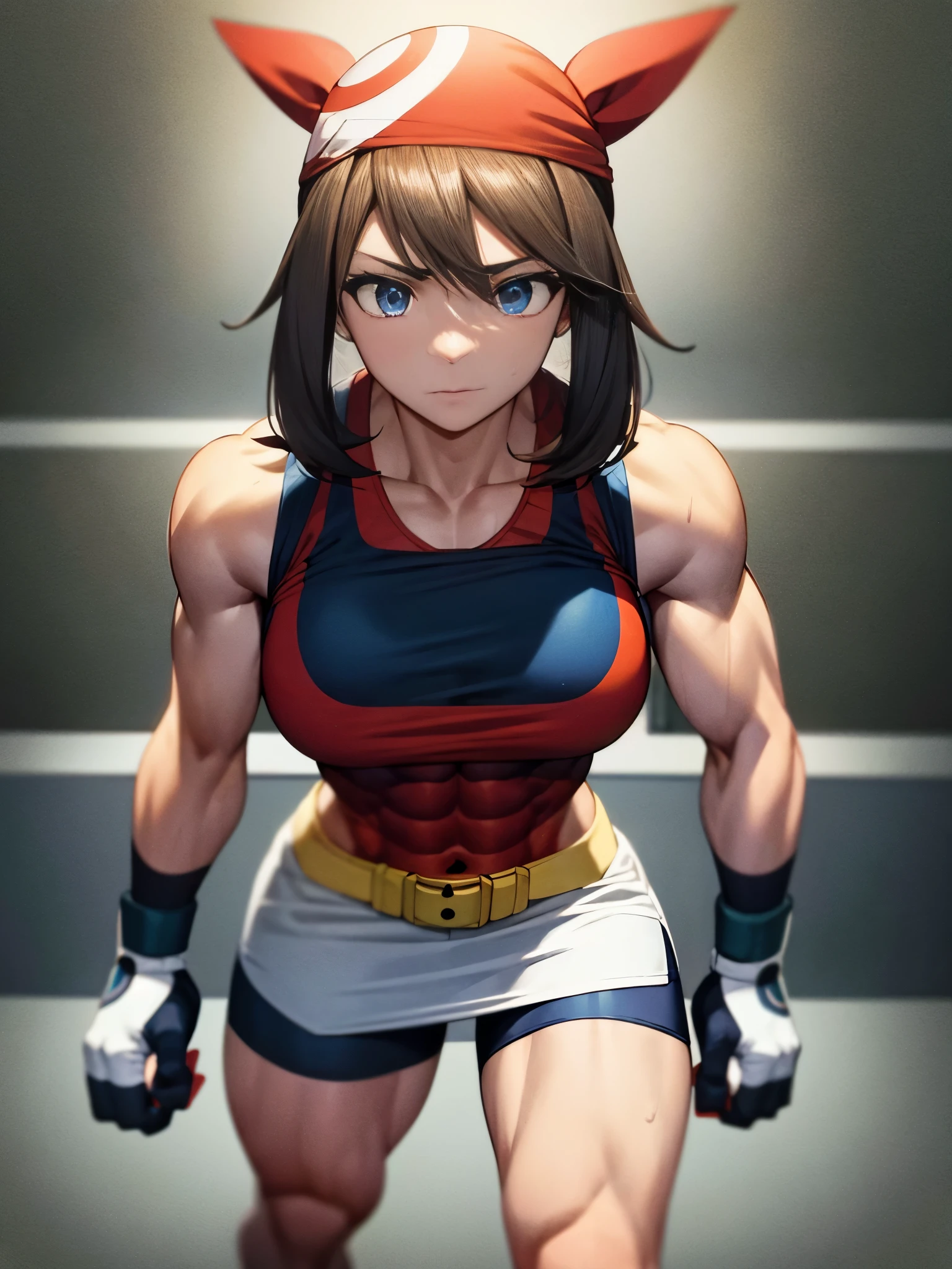 best quality,ultra-detailed,pokemonmay, blue eyes, brown hair, bandana, long hair, red bandana, twintails, hair between eyes, bike shorts, collared shirt, gloves, microskirt, multicolored shirt, pencil skirt, red shirt, shirt, short sleeves, skirt, white skirt,muscular,female,bodybuilder,strong,toned physique,ripped muscles,lean body,fitness enthusiast,empowered,confident,posing on the stage,determined expression,fierce competition,bulging biceps,sweat dripping,veins popping,athletic physique,intense workout sessions,defined abs,strong legs,bulky shoulders,disciplined lifestyle,dedicated training regimen,fitness inspiration,endurance,unstoppable force,barbell,weights,exercise equipment,stamina,perseverance,sculpted arms,powerful presence,fitness model,athleticism,competition preparation,high-intensity training,competition stage,striking physique,mental fortitude,motivation,hard work,persistence,inspiring,admired by others