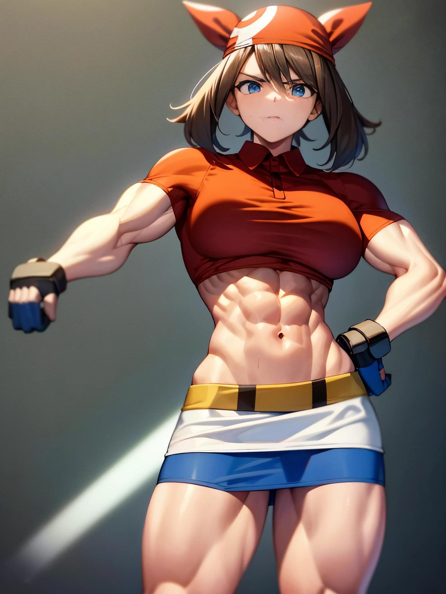 best quality,ultra-detailed,pokemonmay, blue eyes, brown hair, bandana, long hair, red bandana, twintails, hair between eyes, bike shorts, collared shirt, gloves, microskirt, multicolored shirt, pencil skirt, red shirt, shirt, short sleeves, skirt, white skirt,muscular,female,bodybuilder,strong,toned physique,ripped muscles,lean body,fitness enthusiast,empowered,confident,posing on the stage,determined expression,fierce competition,bulging biceps,sweat dripping,veins popping,athletic physique,intense workout sessions,defined abs,strong legs,bulky shoulders,disciplined lifestyle,dedicated training regimen,fitness inspiration,endurance,unstoppable force,barbell,weights,exercise equipment,stamina,perseverance,sculpted arms,powerful presence,fitness model,athleticism,competition preparation,high-intensity training,competition stage,striking physique,mental fortitude,motivation,hard work,persistence,inspiring,admired by others