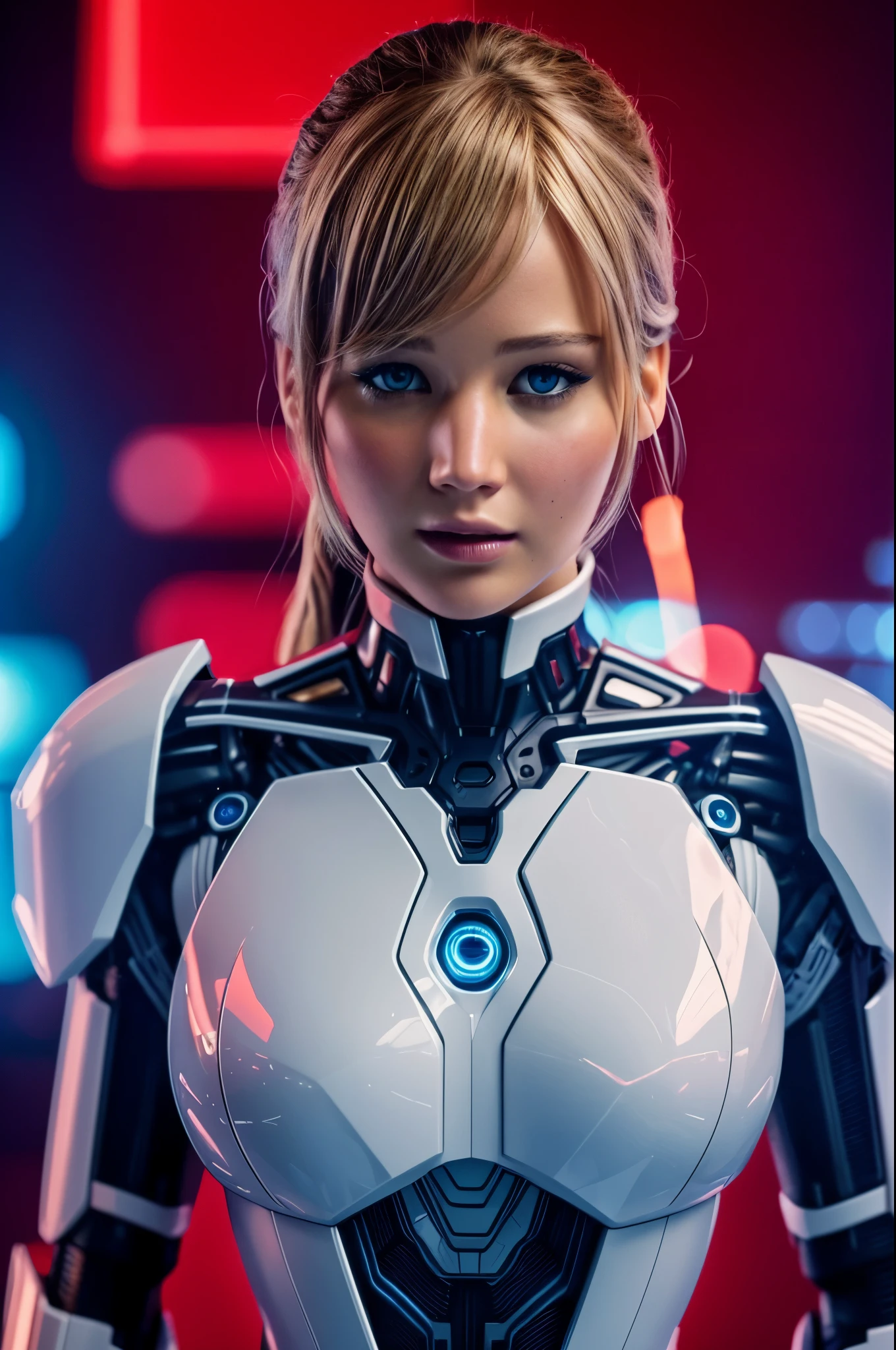 Face looks like Jennifer Lawrence, bionic eyes, Beautiful female humanoid robot , very high quality and fantastic details with digital background , cinematic colour grading, cinematic view,  movie scene stills, 