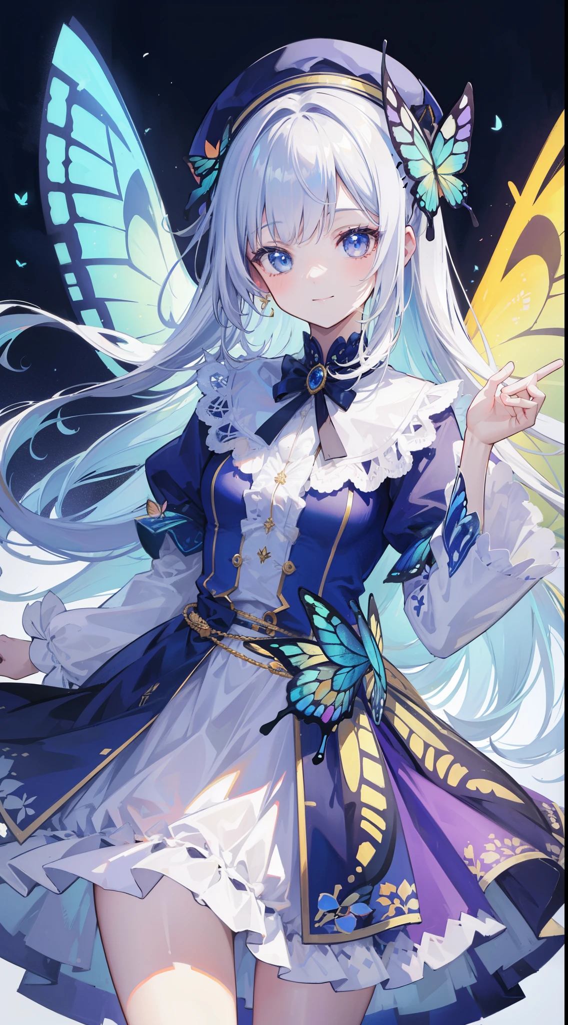 32k, best quality, ultra-detailed, high resolution, perfect anatomy, head on, cute girl, cute dress, cute hat, cute smile, colorful butterfly background,