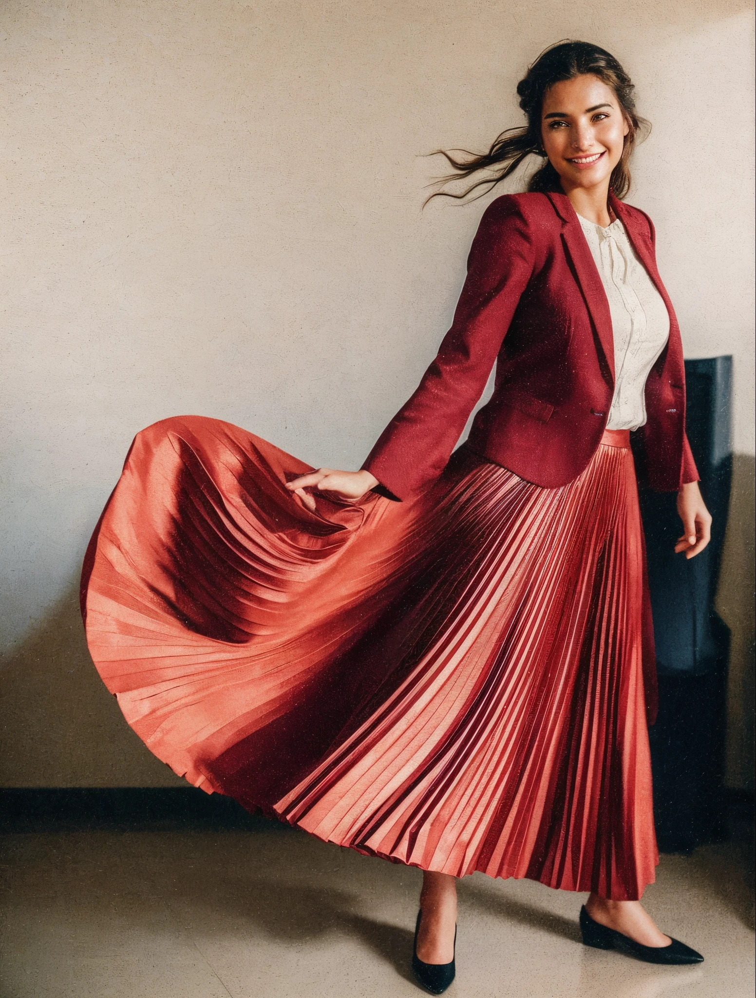 A smiling, authentic, (shy:1,3), kind, beautiful woman, completely alone in an empty space station, in love with her skirt, standing while wind lifts her skirt, wearing short blazer and very very detailed (long (fully pleated) full circle skirt) and (simple) low heeled office shoes, very very intricate hyper-detailed symmetric (attractive graceful young feminine face) with (sad, tired eyes and a shy smile), large breasts, full of empathy and compassion and love, (pronounced (feminine) features), (highly detailed ultra accurate realistic) hands and fingers, (windy), epic composition, highly detailed attributes, (35mm f1.4 Kodak portra 400 photograph), extremely high quality RAW photograph, highly detailed atmosphere, sci-fi, cinematic shot, dynamic lighting, 75mm, Technicolor, Panavision, cinemascope, sharp focus, fine details, 8k, HDR, realism, realistic, key visual, film still, superb cinematic color grading, depth of field