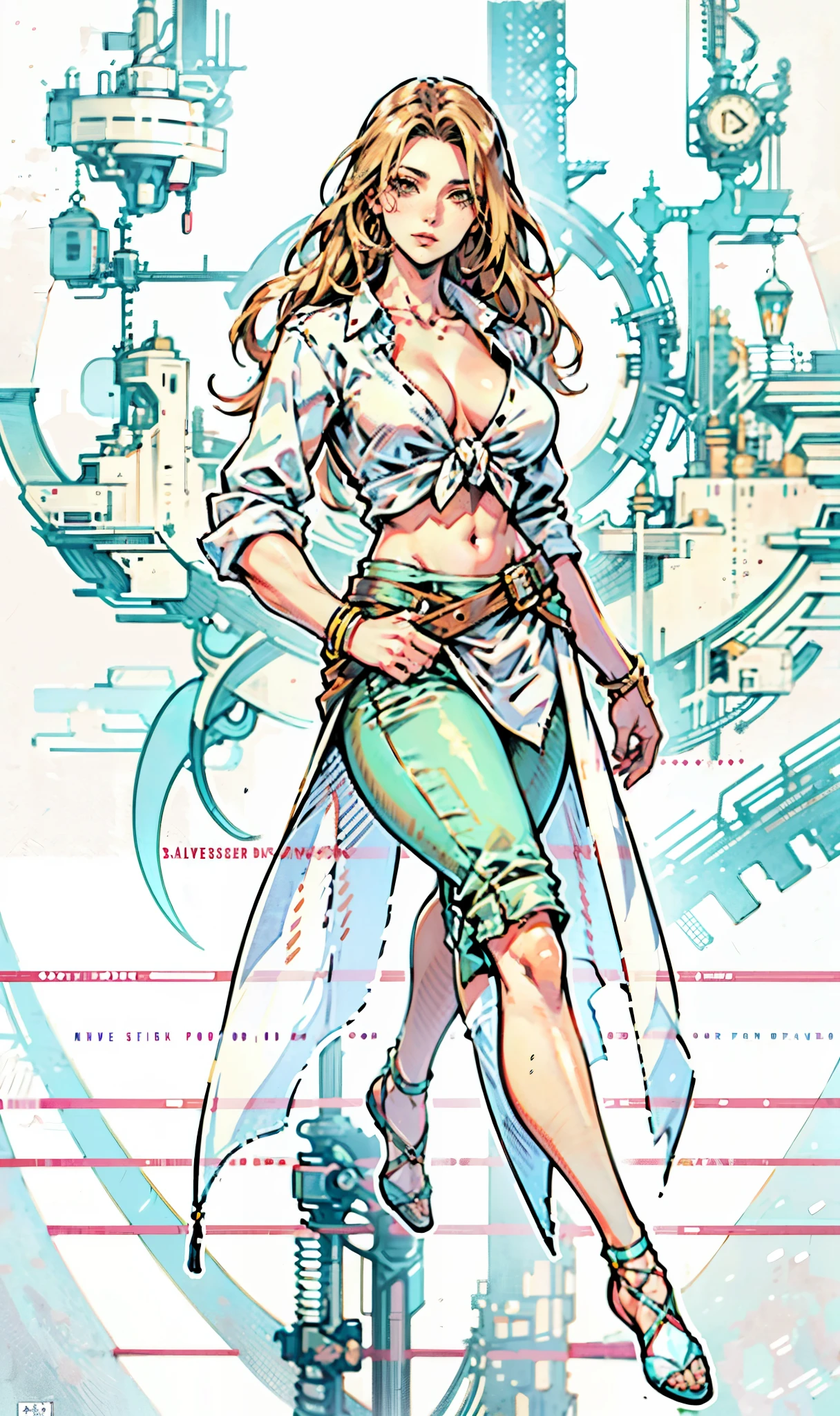 A woman with light brown long hair, a delicate face, a blank look in her eyes, a slender and firm dancer's figure, a fantasy-realistic style outfit, she ties a French shirt at her chest, revealing her graceful waistline, she wears tight jeans on her lower body, a flowing skirt is gracefully tied around her waist, she walks leisurely in a fantasy-style town, this character embodies a finely crafted fantasy-realistic style female dancer in anime style, exquisite and mature manga art style, beautiful woman, high definition, best quality, highres, ultra-detailed, ultra-fine painting, extremely delicate, professional, anatomically correct, symmetrical face, extremely detailed eyes and face, high quality eyes, creativity, RAW photo, UHD, 8k, Natural light, cinematic lighting, masterpiece-anatomy-perfect, masterpiece:1.5