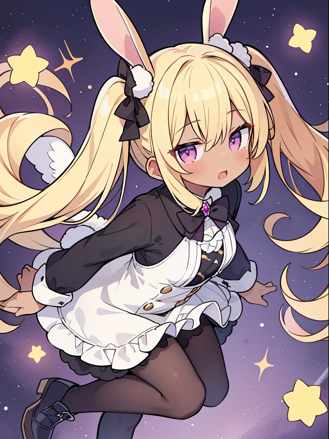 cute fallen angel, tights, blonde, Rabbit, twin tails, fantasy wonderland, 1 girl, brown skin, Purple eye, looking at the viewer, Stinking eyes, whole body, dynamic angle, game CG