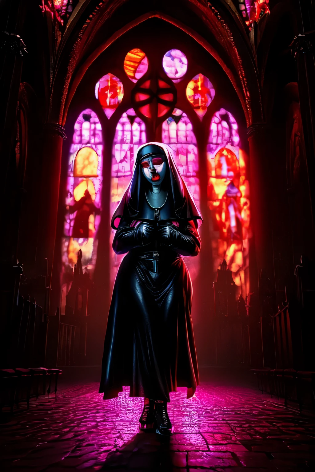 raw, analog) (gothic nun huge breast), set in the 1990's, surreal make up, leather clothes inside a gothic church at night, neon lights, very dark, horror, red shades, chaos, sinister, high details, ultra realistic, SonyA7III, cinematic lighting, film, grain, UHD faces, volumetric shadow, insanely detailed,  