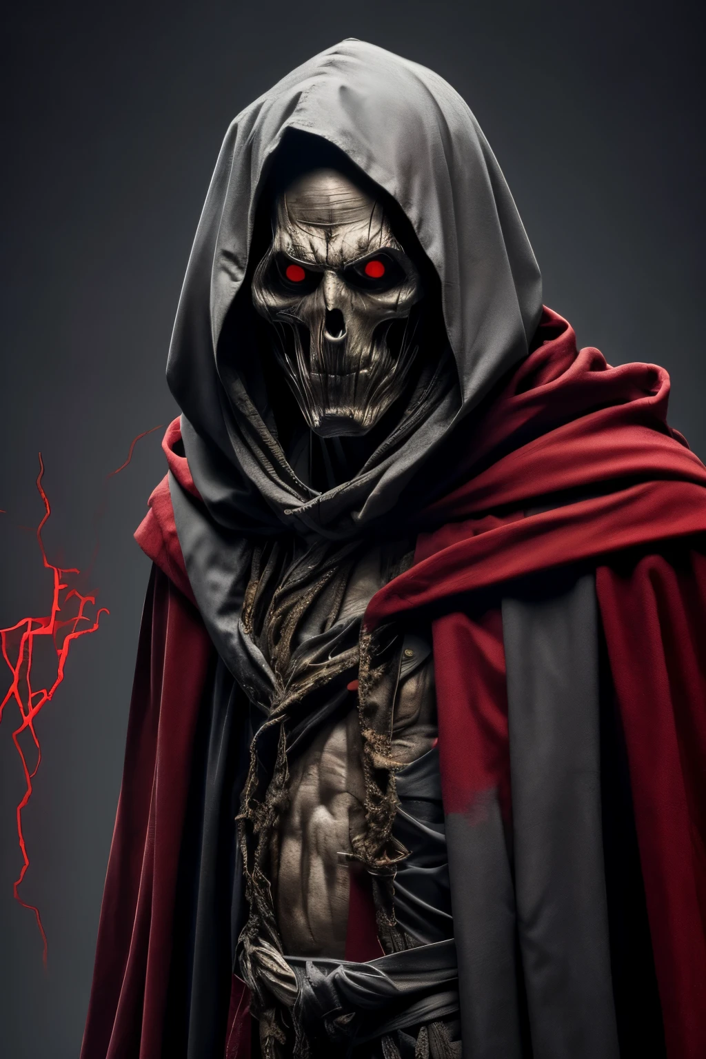 (masterpiece:1.2), absurdres, A photorealtic shot od Mumm-Ra,solo, decaying mummy,a malevolent and ancient sorcerer, , withered, shrouded in rotting bandages, emaciated body. grotesque, skin is a sickly grey, covered in tattered rotting bandages, is body is emaciated, his face is hidden by a hooded red robe, glowing sinister red eyes, malevolent,  (highly detailed:1.3)

