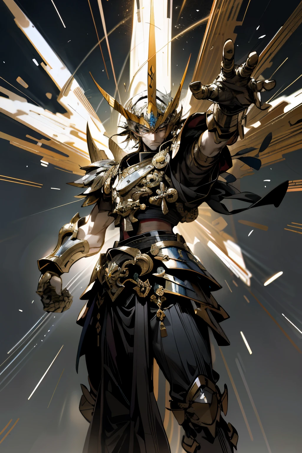 "In the realm of hyper-realistic battle imagery, a breathtaking scene unfolds. A venerable samurai, embodying the spirit of Saint Seiya, stands resolute. His meticulously crafted armor glistens under dynamic lighting, illuminated by the neon beams of his mystical weapon. With a powerful stance and super storm combo ready, he readies himself for battle against an otherworldly demon. His sharp, focused eyes convey unwavering determination.
This visually stunning artwork, rendered at high resolution in Visualizer Seek Pro, showcases random effects and intricate details. The background is a surreal depiction of a heavenly landscape