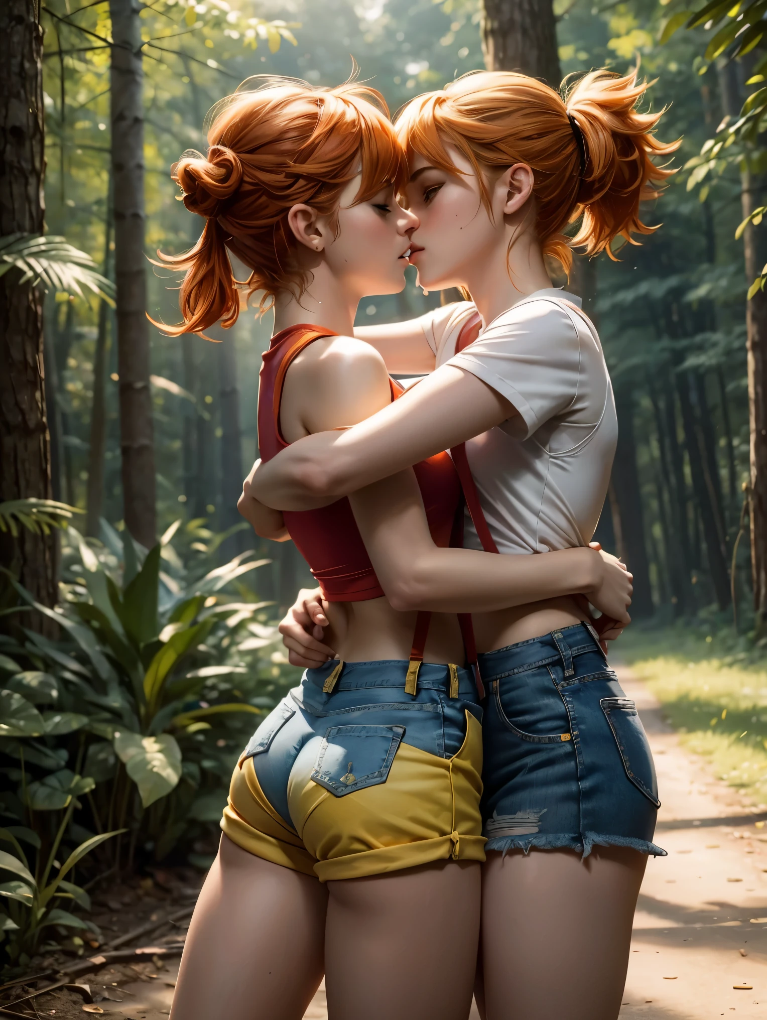 teen emma watson dressed as sexy misty from pokemon. short spiky orange hair, pigtail. crop yellow top. red suspender. tight denim shorts. tennis shoes. background forest. hugging and kissing.