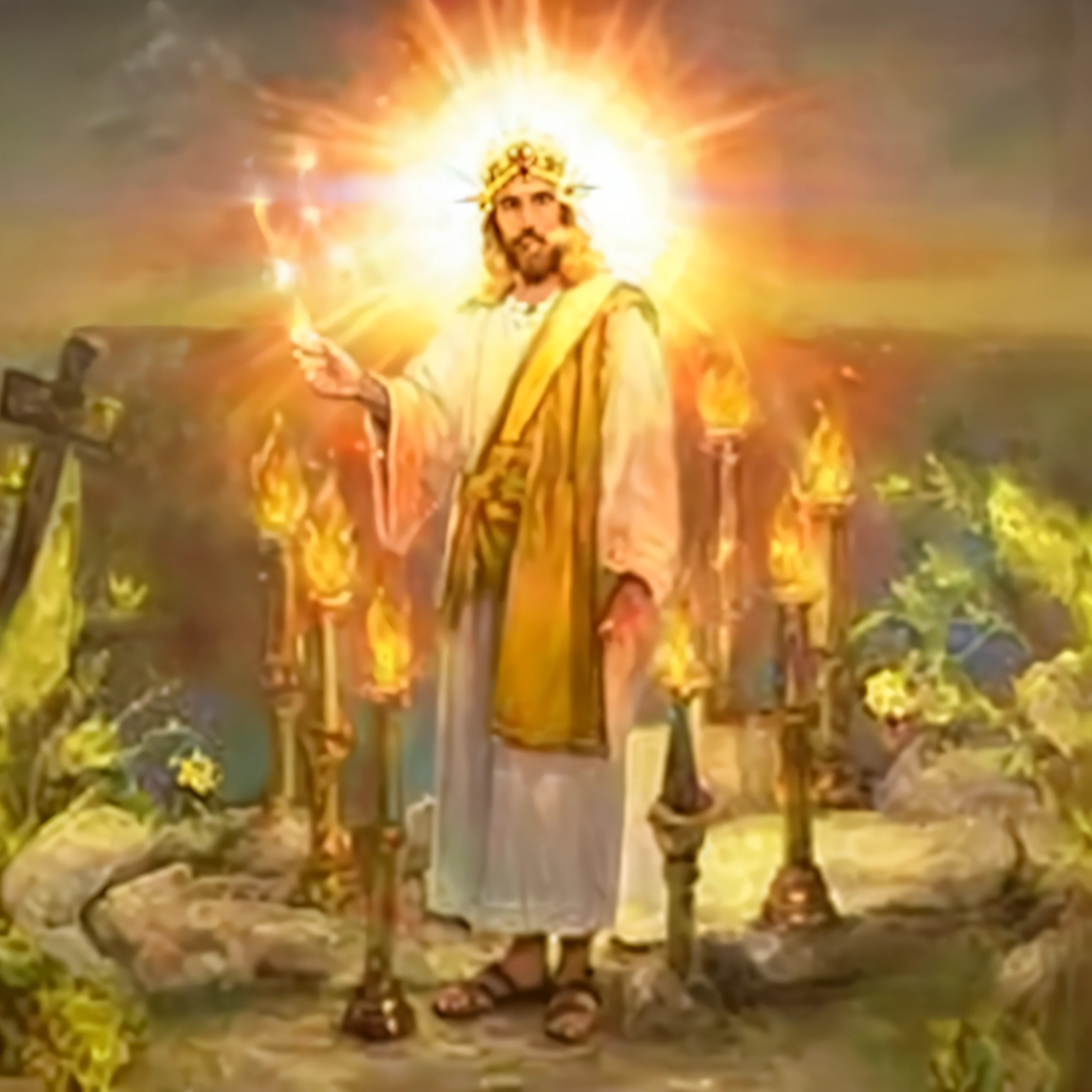 a painting of jesus standing in front of a sunset with candles, holy flame spell, holy fire spell art, he is casting a lighting spell, he is greeting you warmly, holy sacred light rays, holy flame crown spell, yellow light spell, holy energy, by Nicholas Marsicano, divine god, glowing holy aura, gold gates of heaven!!!!!!!!, visible holy aura