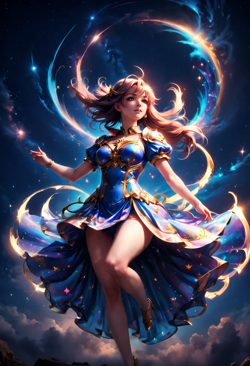Magical Girl, dynamic pose, gorgeous dress, Magical light, night sky, (best quality, masterpiece, Representative work, official art, Professional, 8k)