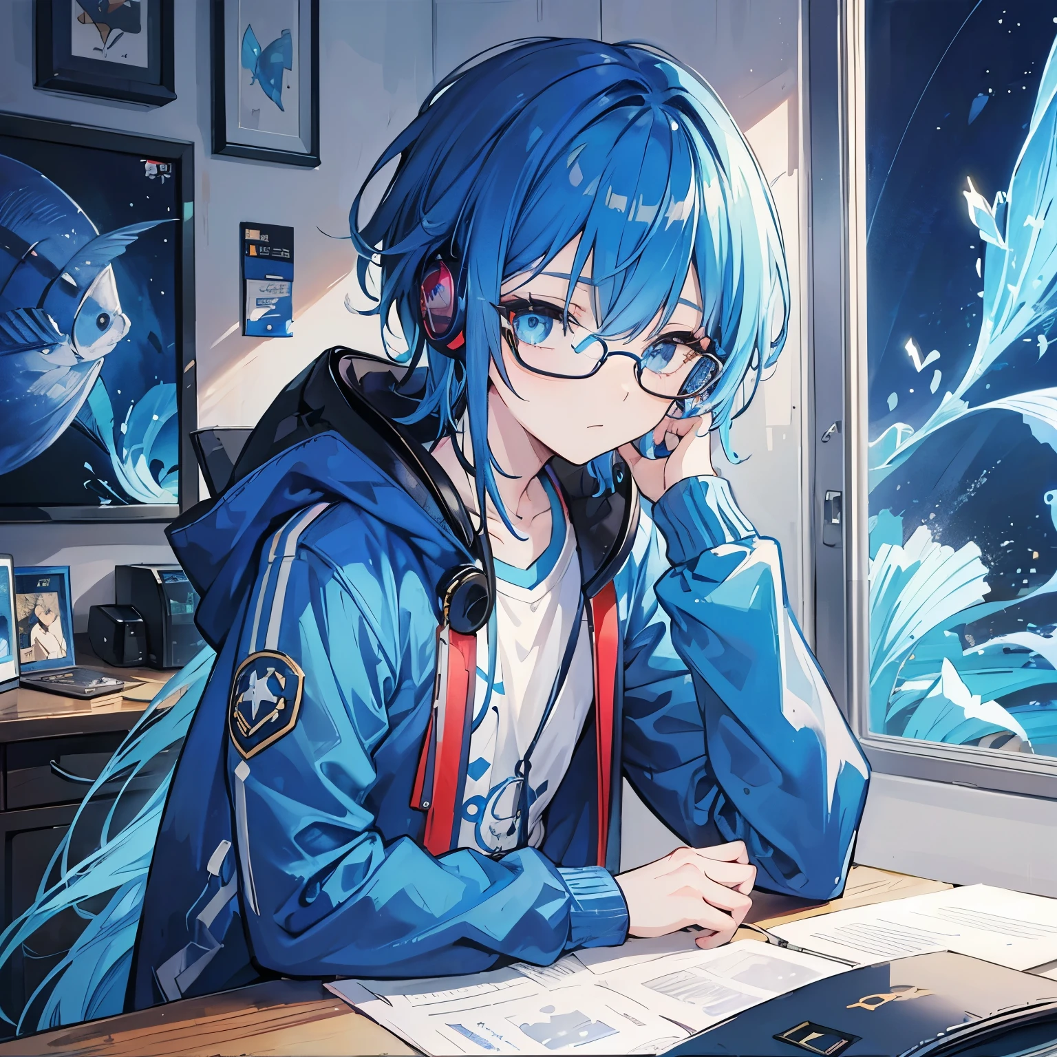 1boy, Long messed blue hair, a shirt with fish picture, use jacket, star eyes, sleep on desk, detailed anime, profile picture style, use big headphones, use black glasses