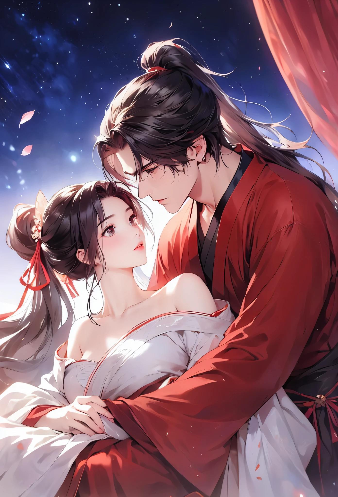 Masterpiece, the best quality, 8K, high tone, super detail, realistic, boy, night, (black Hanfu), revealing collarbone, loose dress, long hair high ponytail, looking at the woman beside him, detailed face, the whole bedroom bathed in warm light, curtains fluttering gently, night, starry sky, red woman's hand touching the man's chest, woman's red Hanfu, hairpin, Gold headdress, seduce,