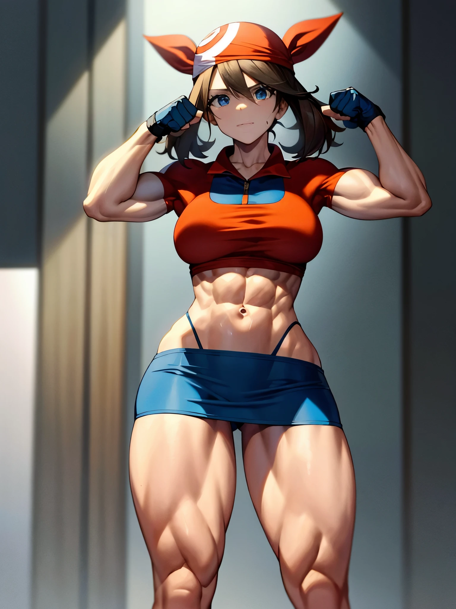 best quality,ultra-detailed,pokemonmay, blue eyes, brown hair, bandana, long hair, red bandana, twintails, hair between eyes, bike shorts, collared shirt, gloves, microskirt, multicolored shirt, pencil skirt, red shirt, shirt, short sleeves, skirt, white skirt,muscular,female,bodybuilder,strong,toned physique,ripped muscles,lean body,fitness enthusiast,empowered,confident,posing on the stage,determined expression,fierce competition,bulging biceps,sweat dripping,veins popping,athletic physique,intense workout sessions,defined abs,strong legs,bulky shoulders,disciplined lifestyle,dedicated training regimen,fitness inspiration,endurance,unstoppable force,barbell,weights,exercise equipment,stamina,perseverance,sculpted arms,powerful presence,fitness model,athleticism,competition preparation,high-intensity training,competition stage,striking physique,mental fortitude,motivation,hard work,persistence,inspiring,admired by others