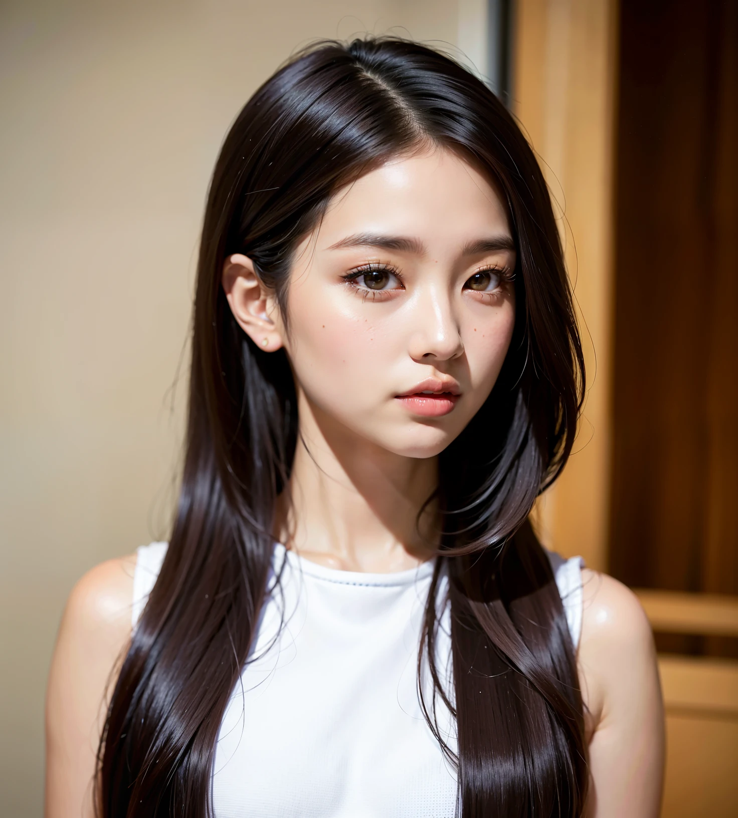 There is a long-haired woman standing in front of the wall, 年轻的asian girl, a young asian woman, asian girl with long hair, Beautiful asian girl, Beautiful young Korean woman, Roseanne Park by Blackpink, beautiful korean woman, asian girl, Beautiful young Korean woman, an asian woman, beautiful young asian woman, young asian woman