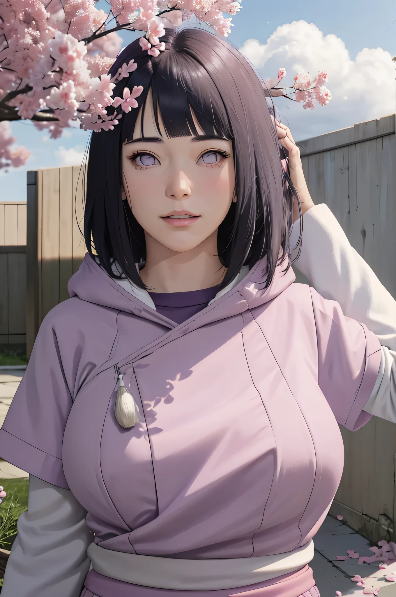 masterpiece, absurdres, hinata\(boruto\), 1girl, solo,mature female, purple hoodie,layered sleeves, brown pants, outdoors,lavender flower field, looking at viewer, (falling petals), cloudy sky, perfect composition, detailed lips, huge breast, beautiful face, body propotion, blush, (pink lips), long hair, purple eyes, soft gaze, sad smile, super realistic, detailed, photoshoot, realistic face and body, realistic hair, realistic eyes, realistic nose, realistic lips
