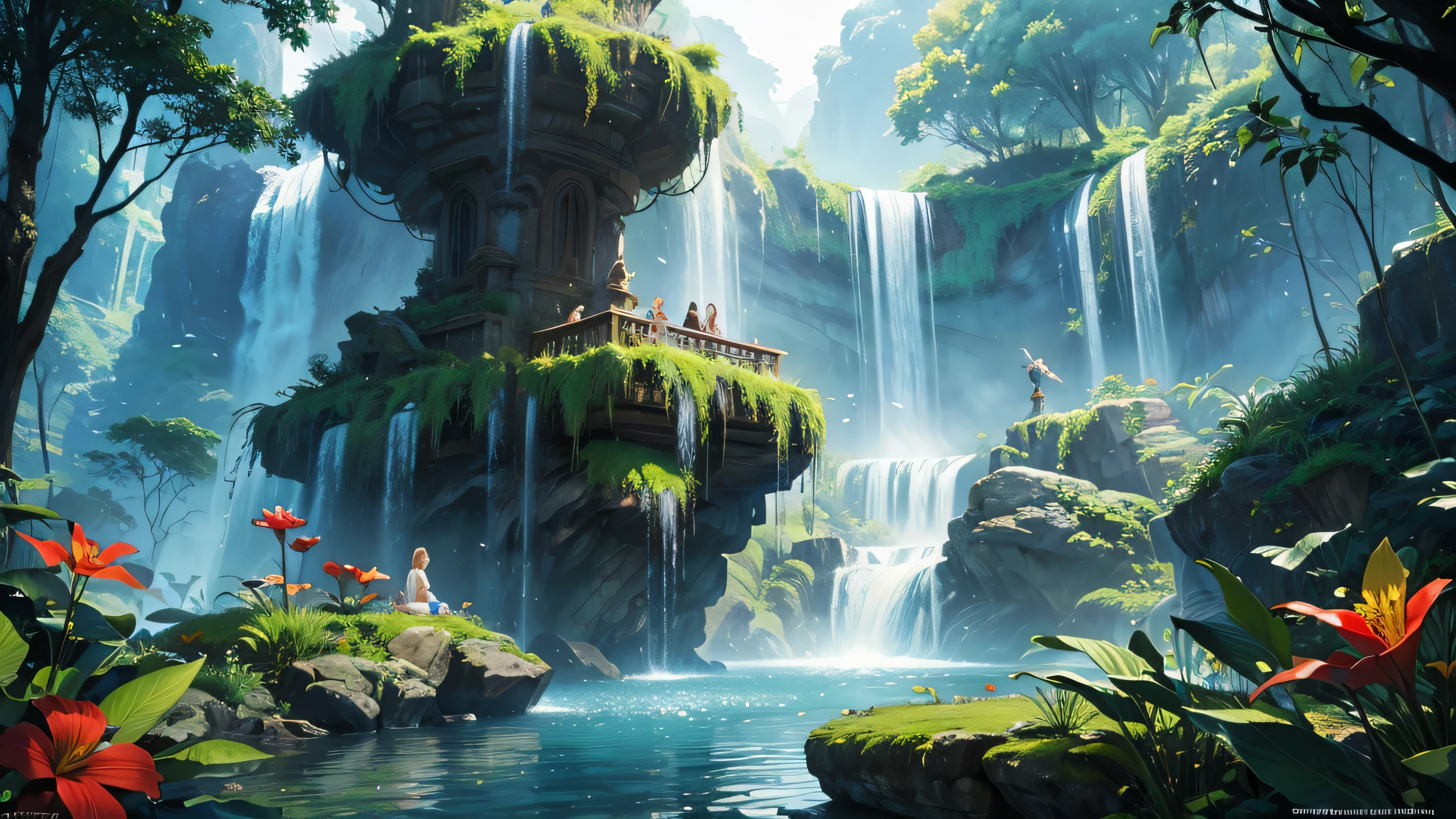 There is a waterfall in the middle of a tropical jungle, bela fantasia detalhada, fantasia altamente detalhada, fantasy scenic, arte digital de fantasia detalhada, Arte digital de fantasia 2D, arte digital detalhada de fantasia 2D, impressive paisagem de fantasia, fantasy pictorial style, arte estilo fantasia, medieval paisagem de fantasia, paisagem de fantasia, realistic fantasy illustration, Arte de fantasia 4k, cidade de fantasia