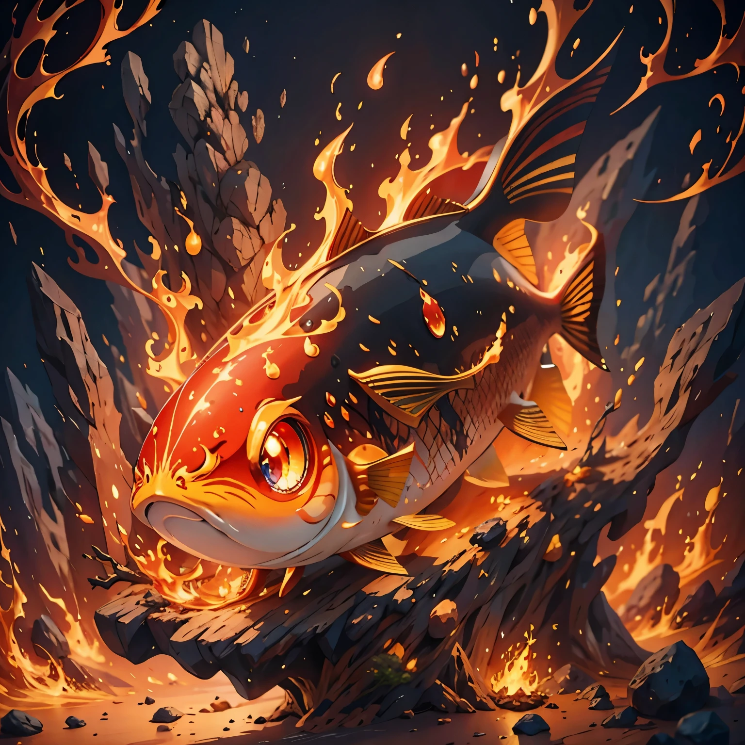 A cute fish covered in flames，There is a flame on the head，（（（Flame pattern）））in the volcano，（（（masterpiece）））， （（best quality））， （（intricate details））， （（dream style））（8k）