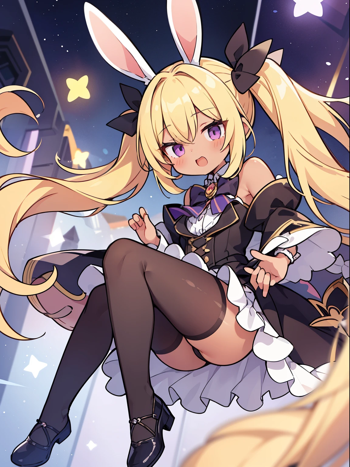 cute fallen angel, tights, blonde, Rabbit, twin tails, fantasy wonderland, 1 girl, brown skin, Purple eye, looking at the viewer, Stinking eyes, whole body, dynamic angle, game CG