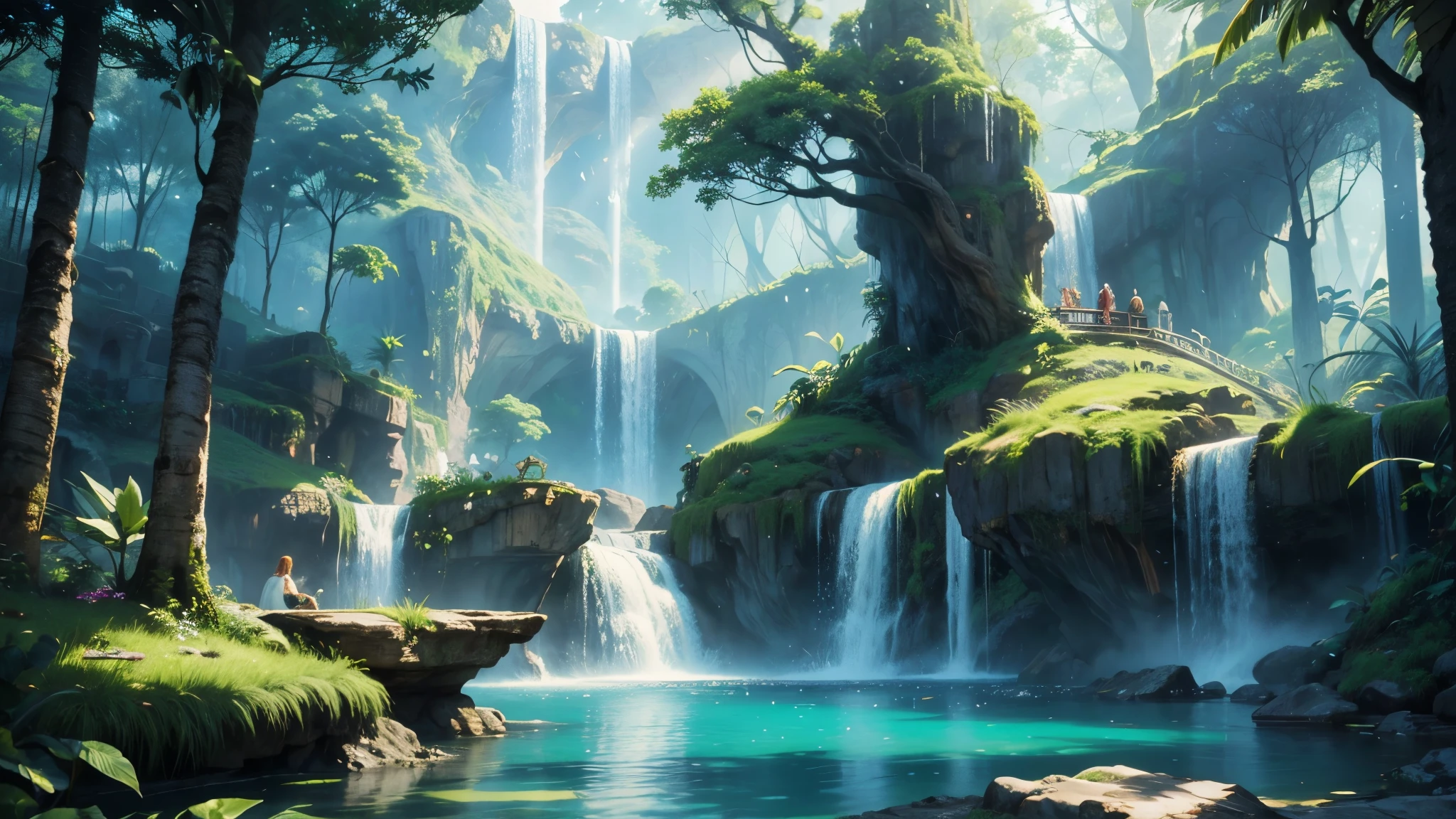 There is a waterfall in the middle of a tropical jungle, bela fantasia detalhada, fantasia altamente detalhada, fantasy scenic, arte digital de fantasia detalhada, Arte digital de fantasia 2D, detailed Arte digital de fantasia 2D, impressive paisagem de fantasia, fantasy pictorial style, arte estilo fantasia, medieval paisagem de fantasia, paisagem de fantasia, realistic fantasy illustration, Arte de fantasia 4k, cidade de fantasia