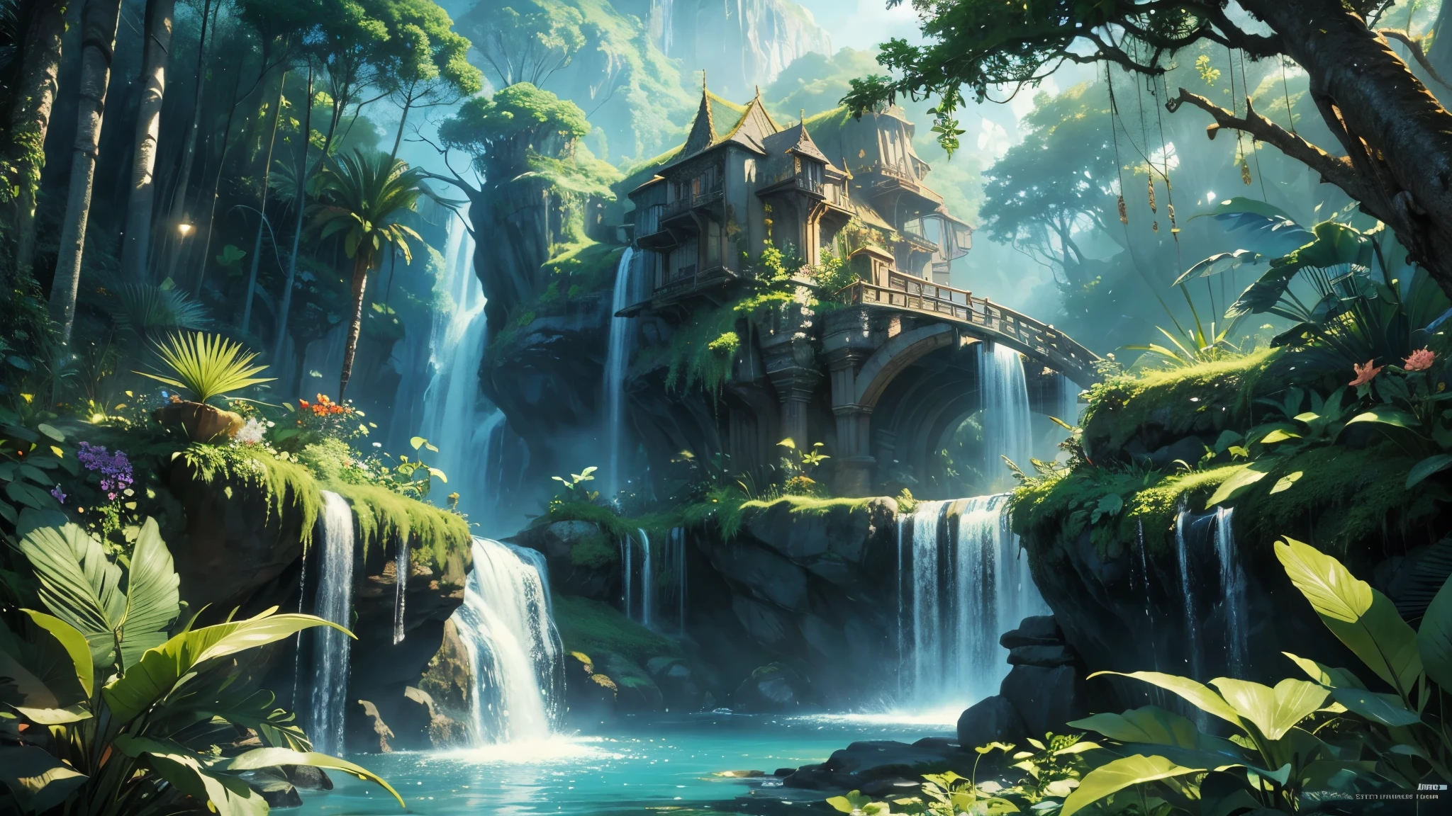 There is a waterfall in the middle of a tropical jungle, bela fantasia detalhada, fantasia altamente detalhada, fantasy scenic, arte digital de fantasia detalhada, Arte digital de fantasia 2D, detailed Arte digital de fantasia 2D, impressive paisagem de fantasia, fantasy pictorial style, arte estilo fantasia, medieval paisagem de fantasia, paisagem de fantasia, realistic fantasy illustration, Arte de fantasia 4k, cidade de fantasia