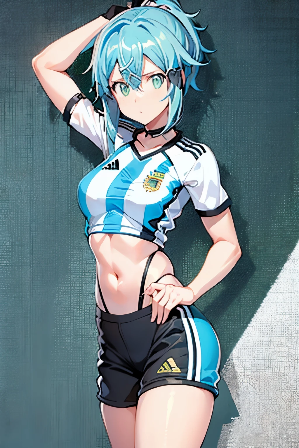 1girl, Asada Sinon from Sword Art Online, Sinon weatin sport clothes, Argentina jersey, Argentina football jersey, Argentina football clothes, perfecto body, soccer field background, Argentina flag, Argentina football shorts