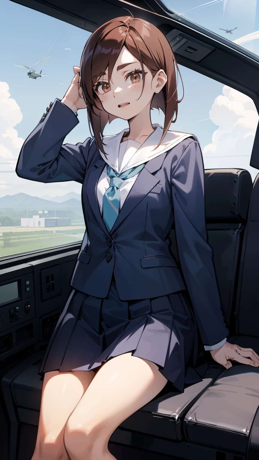 tsubame, small breasts,
serafuku, pleated skirt,
1girl,
helicopter, piloting, sitting