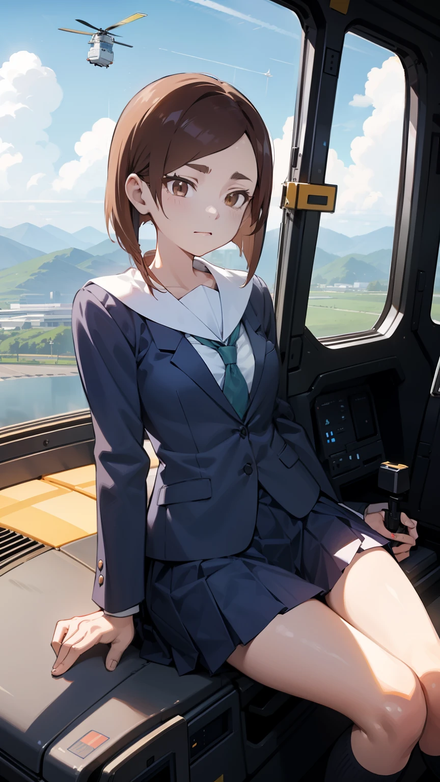 tsubame, small breasts,
serafuku, pleated skirt,
1girl,
helicopter, piloting, sitting