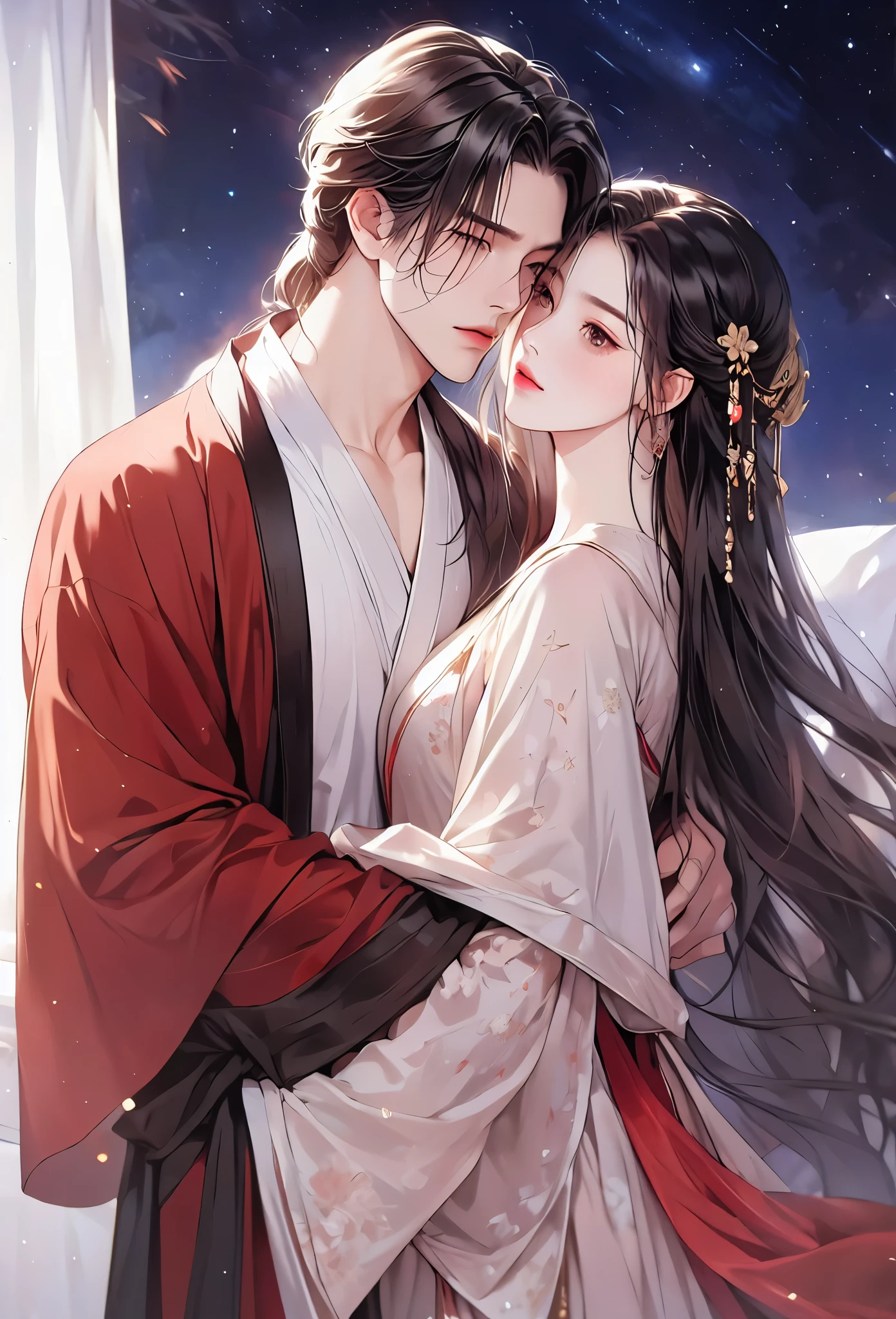 Masterpiece, the best quality, 8K, high tone, super detail, realistic, boy, night, (black Hanfu), revealing collarbone, loose dress, long hair high ponytail, looking at the woman beside him, detailed face, the whole bedroom bathed in warm light, curtains fluttering gently, night, starry sky, red woman's hand touching the man's chest, woman's red Hanfu, hairpin, Gold headdress, seduce,