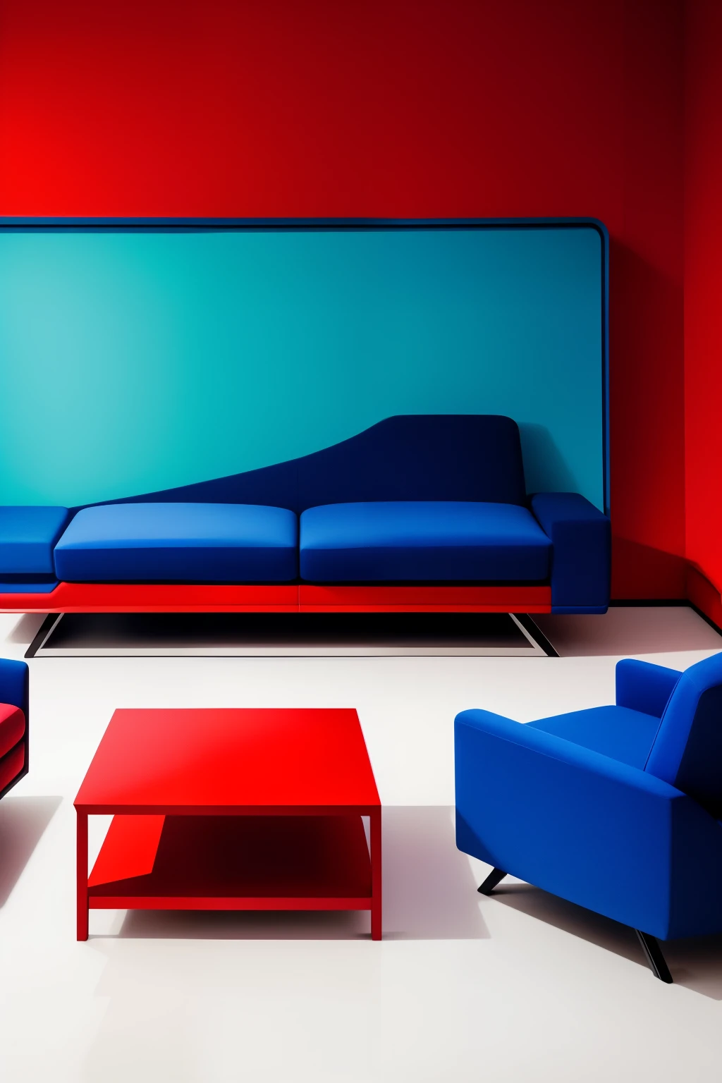 Two plush armchairs upholstered in a Matrix-inspired design, red and blue, chairs akin to Morpheus's, and a retro TV situated in the middle. An empty and pristine white room.