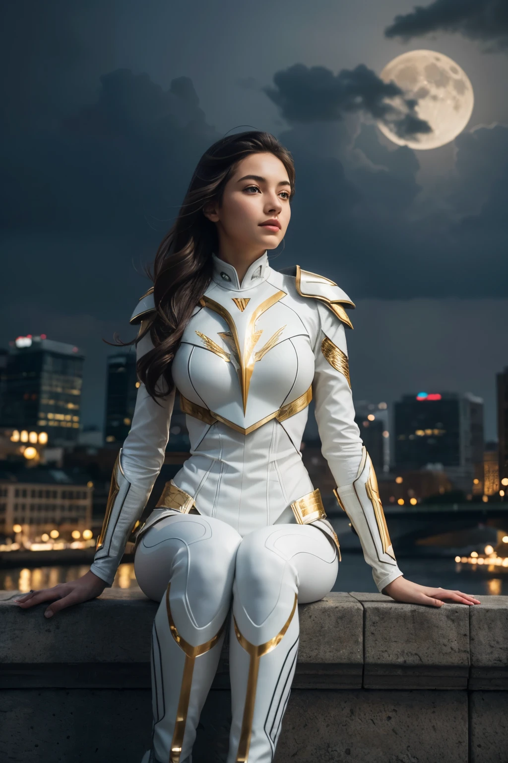 real life photo, super impresive realistic photo quality, realistic luxury girl,photo of a beautiful girl, youth-inspired futuristic full-body ivory futuristic lightning armor with intricate patterns and cutouts. The armor has a smooth synthetic and metallic texture, predominantly white and gold, with a slight metallic sheen, sitting on a dreamy clouds beside which there are -river-luminescent moon-auror and old European buildings backdrop, smiling at viewers, pablo Picasso