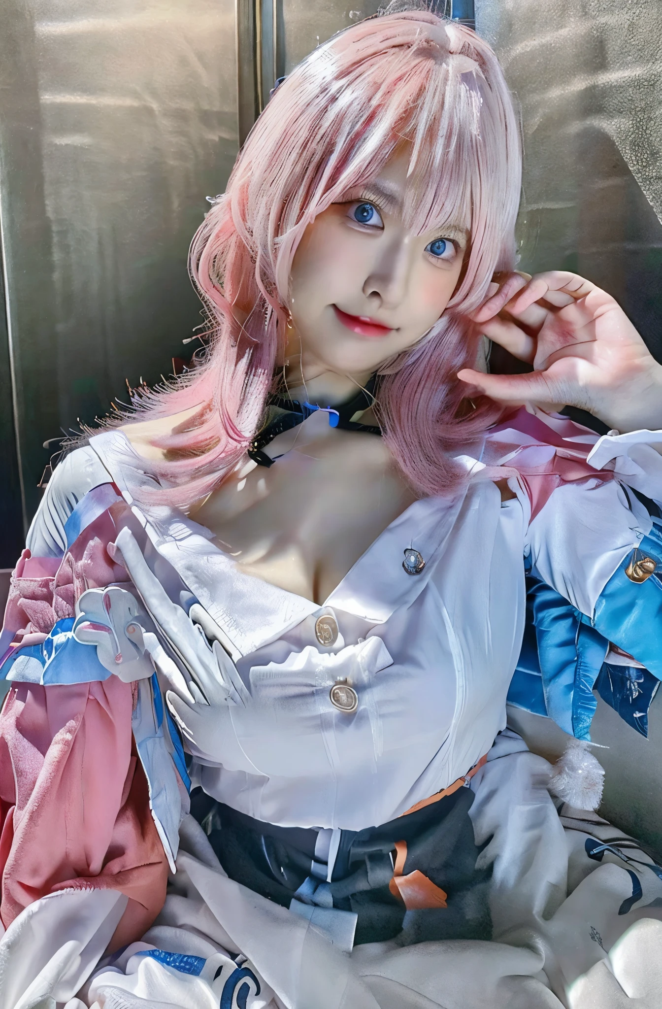 8K, Best Quality, Masterpiece, Ultra High Resolution, Original Photo, (Realistic Skin Texture: 1.3), 1 Girl, Beautiful Eyes and Face Details, Masterpiece, Best Quality, Looking at the Viewer, Full Body, Hotel Bedroom, Pink Hair, Cute Face, Japanese Babe, Cleavage, Cosplay, Studio Lightning, Spotlight. A cute japanese cosplaying March 7th in her bedroom.