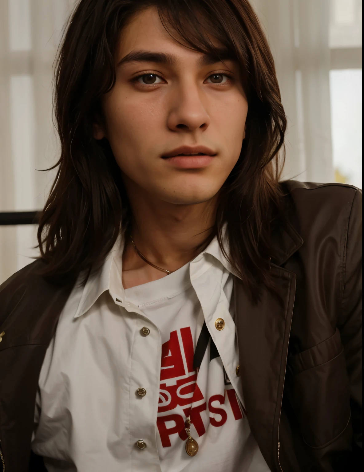 arafed man with long dark brown hair wearing a brown jacket and a white shirt, tommy 1 6 , xqc, steven jung, curtain bangs, androgynous face, vitaly bugarov, giga chad crying, portrait of jossi of blackpink, 1 7 - year - oly thin e, vitaly bulgarov, cai xukun, strong jaw line,