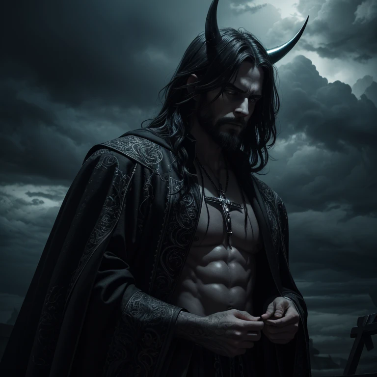ominous and introspective aura, set against a backdrop of swirling, ominous clouds. The image should capture spectral, high-contrast lighting, casting dramatic shadows and illuminating the intricate details of the demonic Jesus's textured skin, sharp horns, and the intricate veins on his hands, which clench the inverted crucifix with an air of possessive determination. The overall effect should be hauntingly beautiful and ultra-detailed, with a resolution of 8k and HDR for enhanced color and depth.