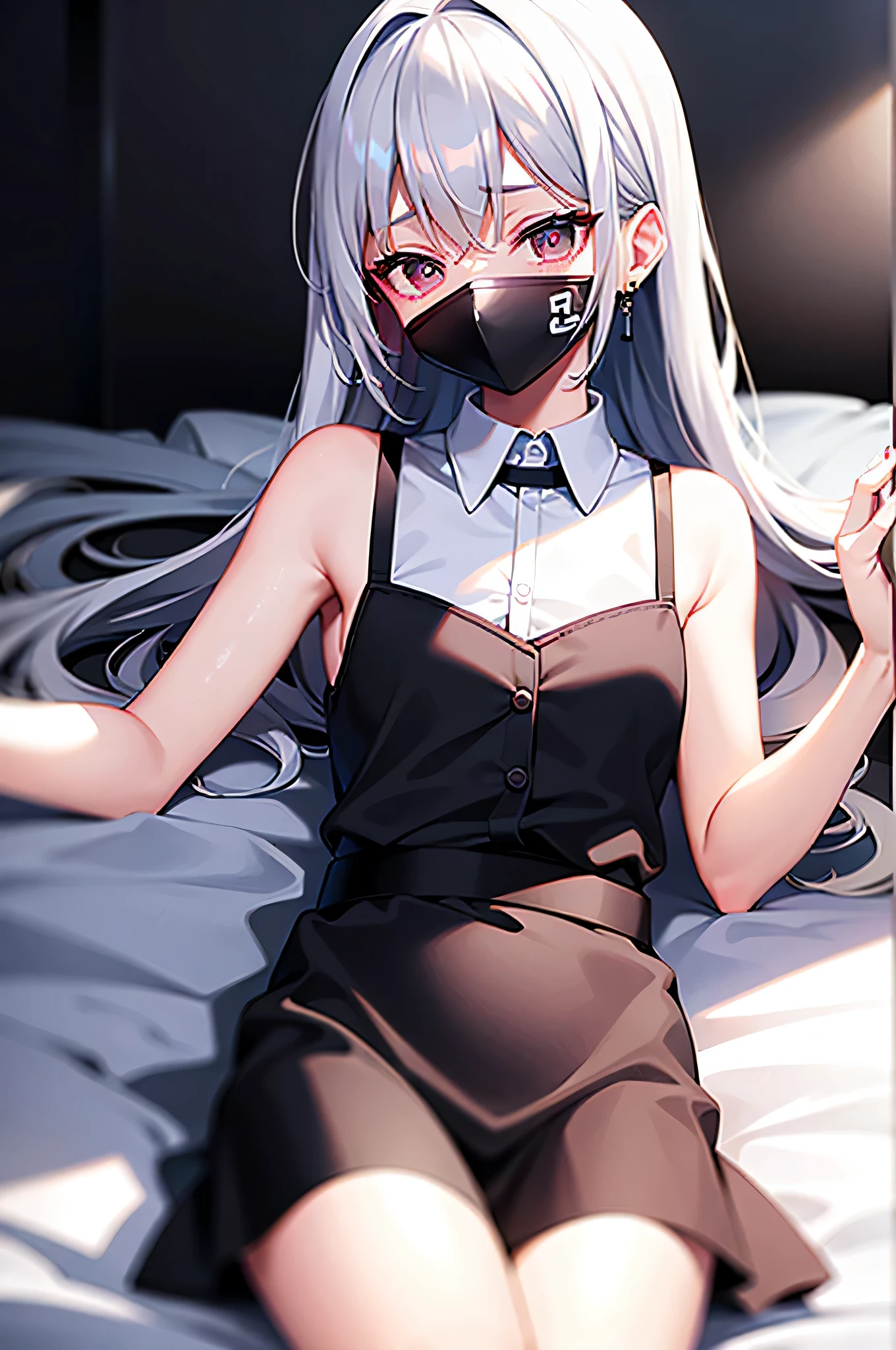 best quality, ultra high resolution, 1 girl, sleeveless white button shirt, Black裙子, Black项圈, charming, (kpop idol), (Egiosar:1), (Platinum blonde:1), Lying in bed,white bed,Black,look at the audience,Shy,blush